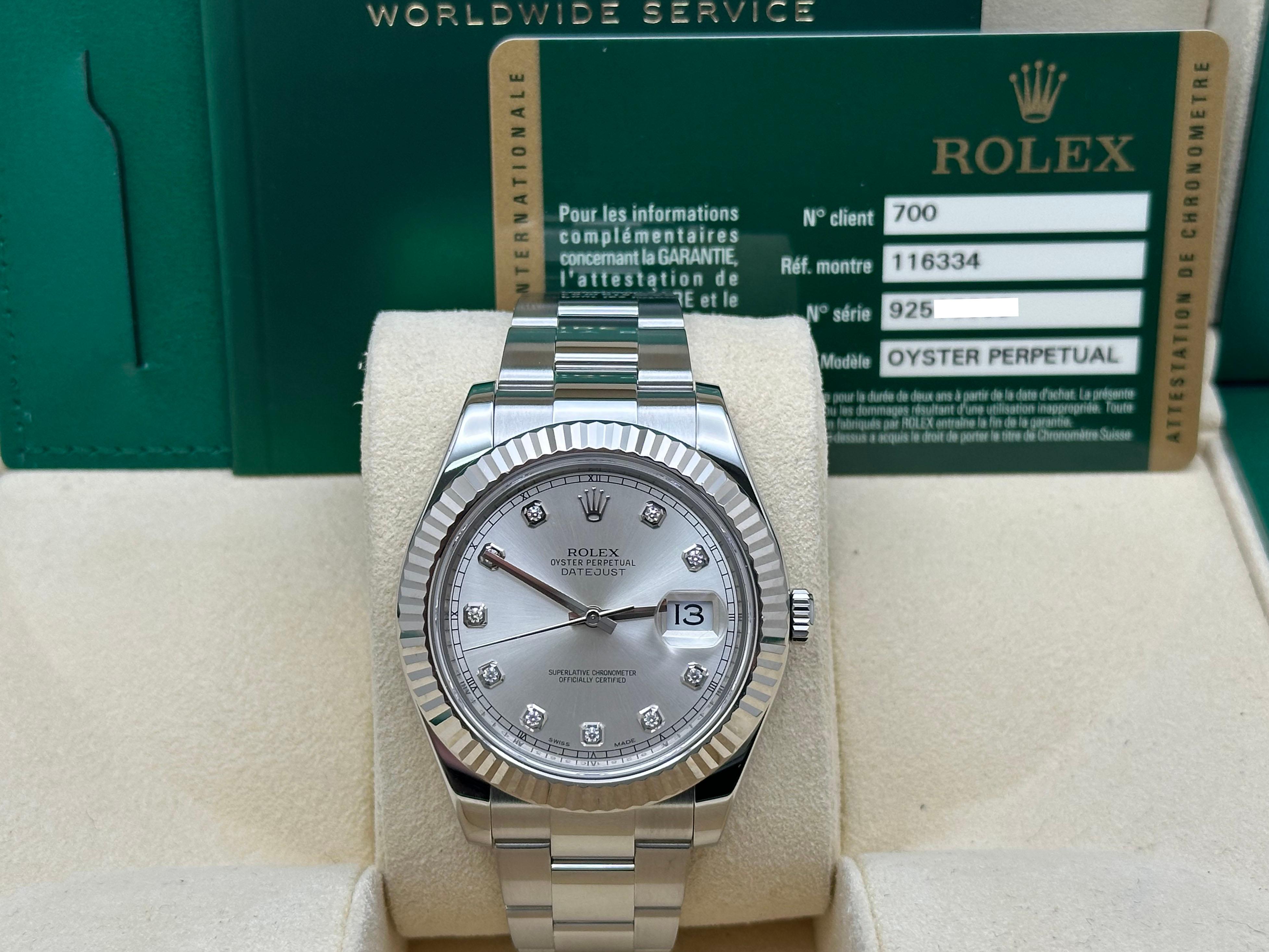 Style Number: 116334



Serial: 9251C***



Year: 2014

 

Model: Rolex Datejust II 

 

Case Material: Stainless Steel 

 

Band: Stainless Steel 

  

Bezel: 18K White Gold Fluted Bezel

  

Dial: Original Silver Diamond Dial 

 

Face: Sapphire