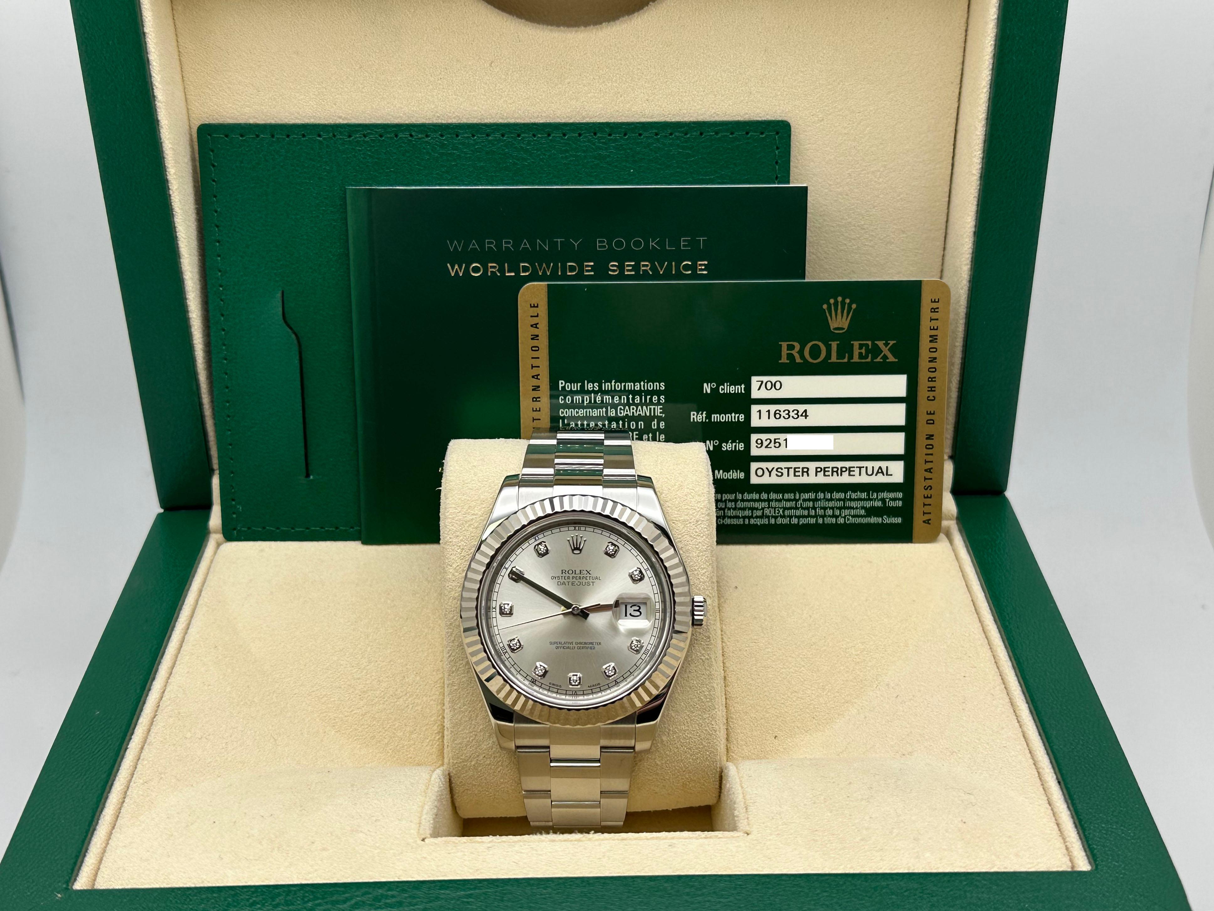 Rolex Datejust II 116334 Silver Diamond Dial Stainless Steel Box Paper 41mm In Excellent Condition For Sale In San Diego, CA