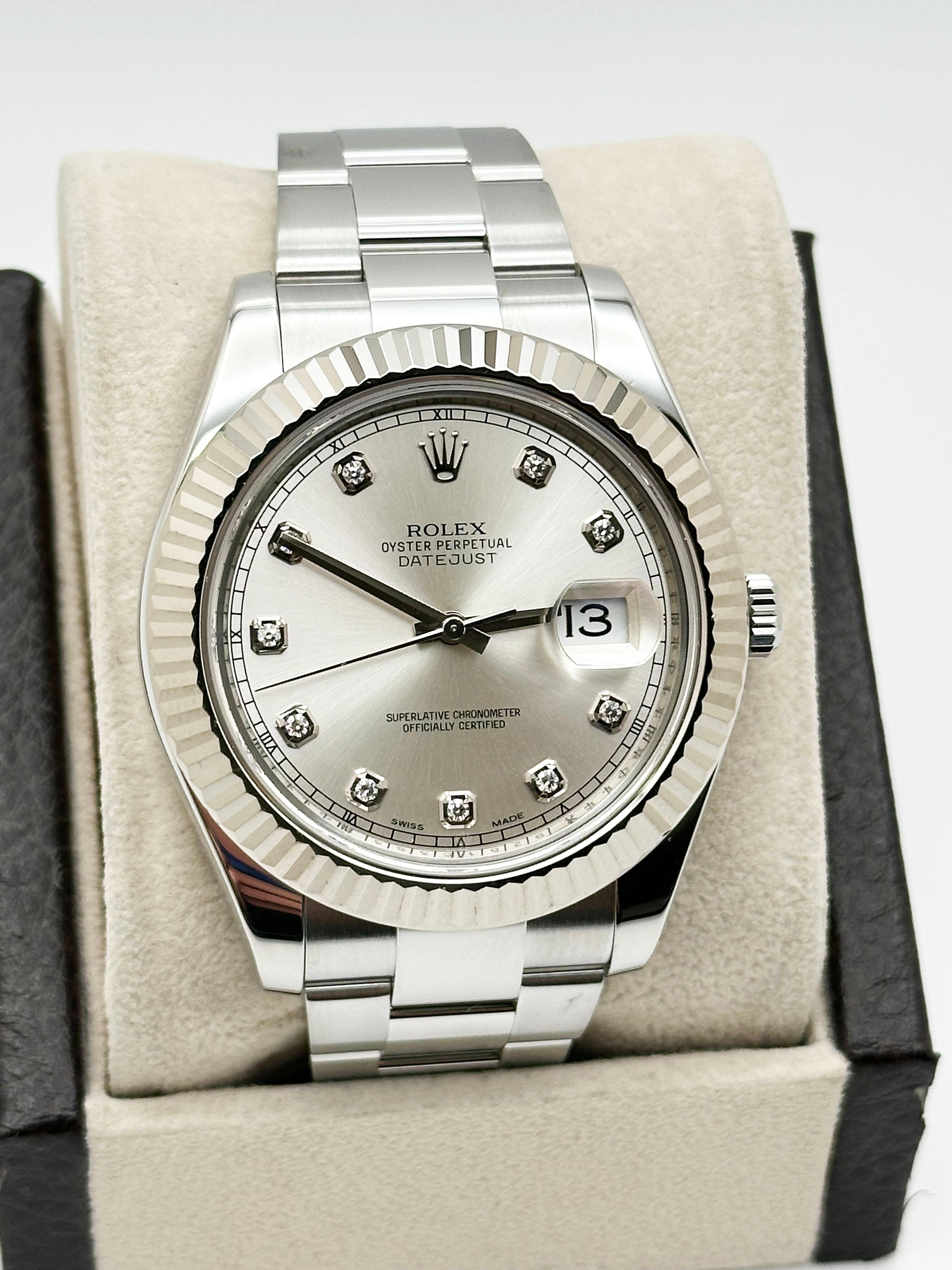 Men's Rolex Datejust II 116334 Silver Diamond Dial Stainless Steel Box Paper 41mm For Sale