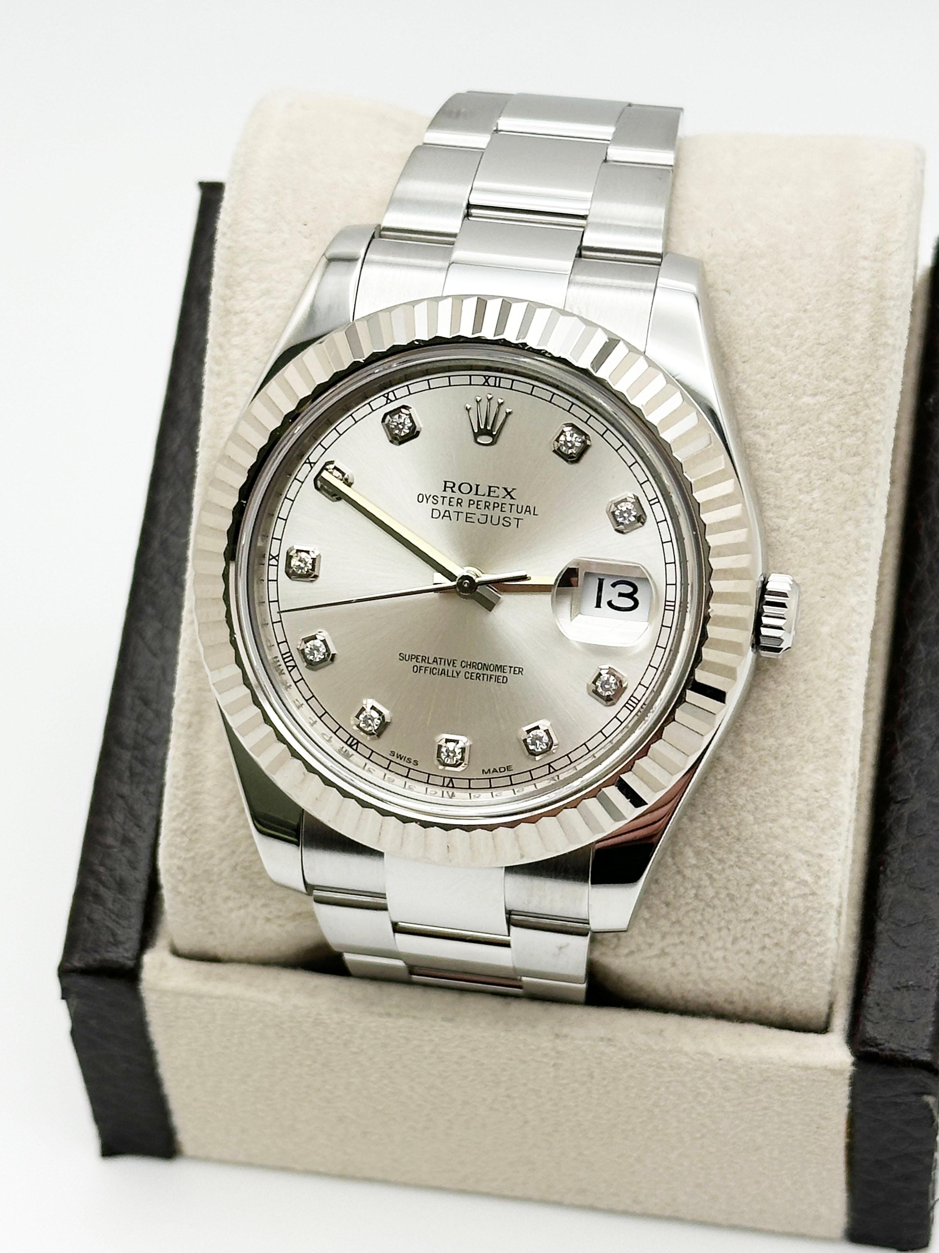 Rolex Datejust II 116334 Silver Diamond Dial Stainless Steel Box Paper 41mm For Sale 1