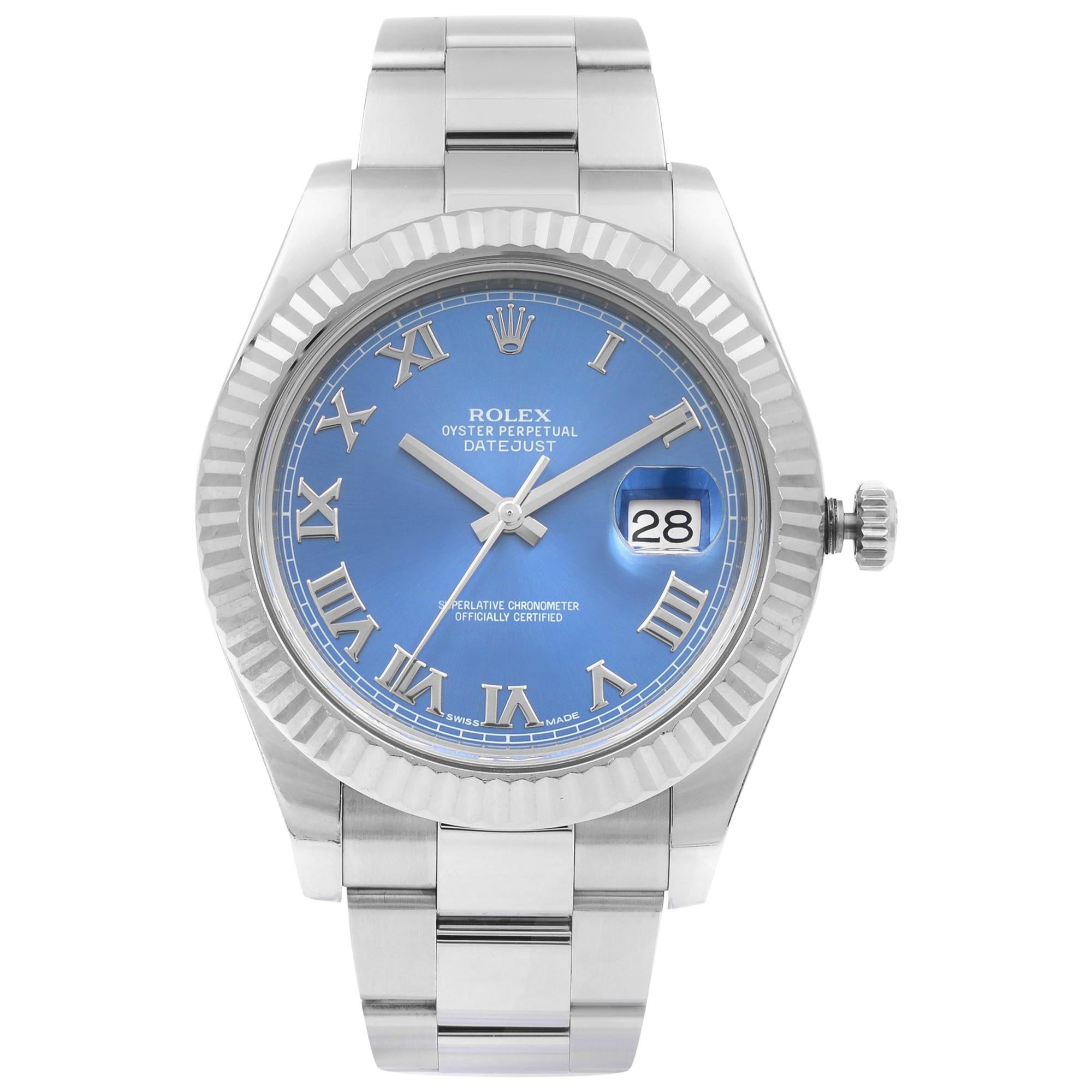 Rolex Datejust II 18 Karat White Gold Steel Blue Roman Dial Men’s Watch 116334