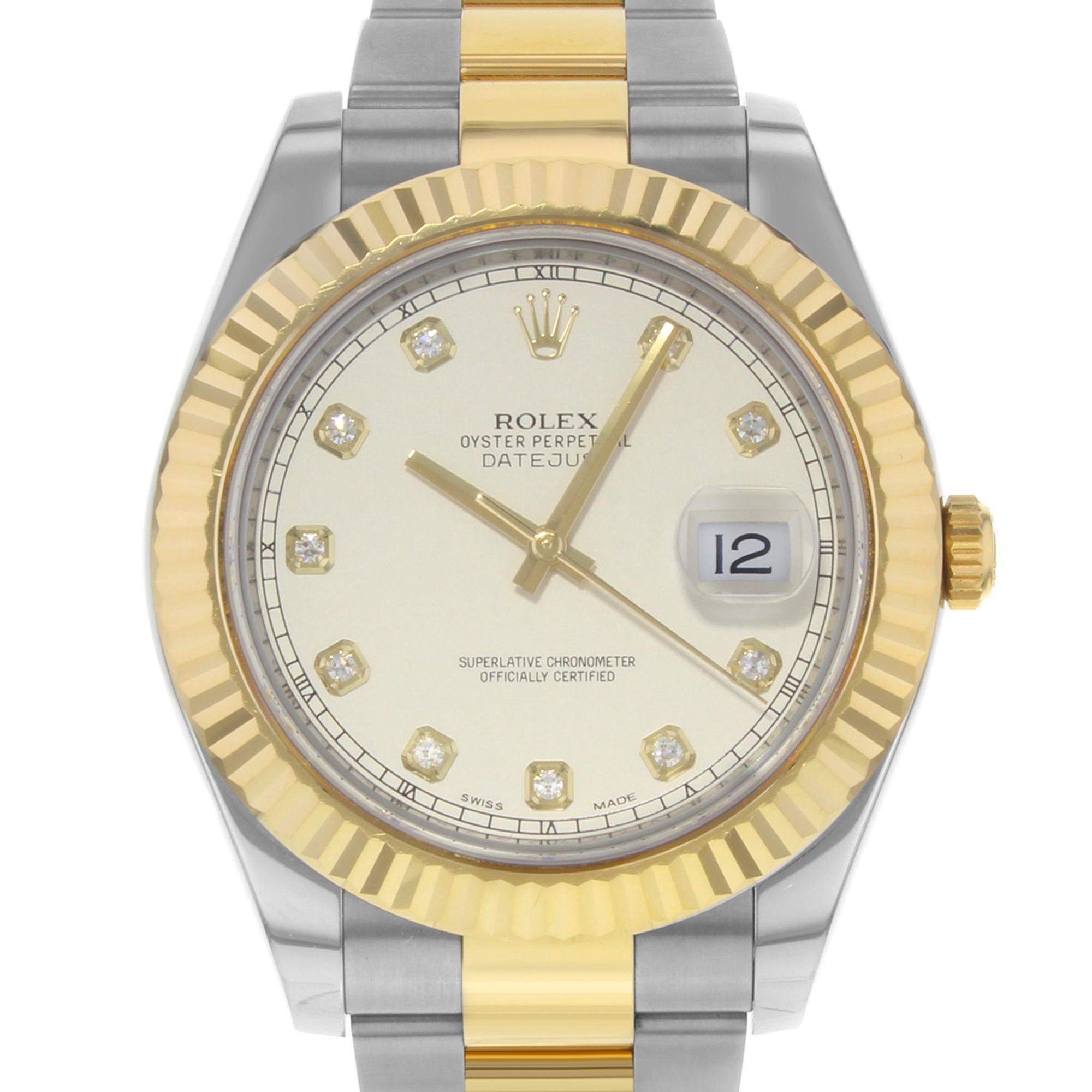 Pre-owned. Good condition. Beautiful dial. 2012 card. Comes with a box and papers.

Brand: Rolex
Model Number: 116333 ido
Department: Men
Country/Region of Manufacture: Switzerland
Style: Luxury
Model Name: Rolex Datejust II
Vintage:
