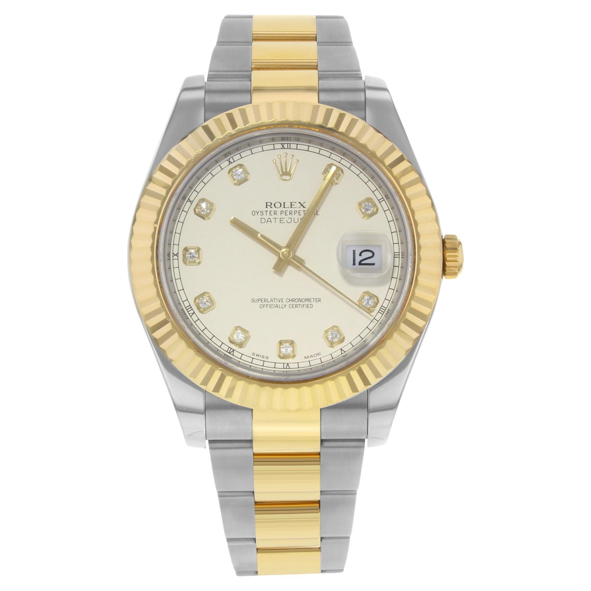 Rolex Datejust II 18K Yellow Gold Steel Cream Diamond Dial Men Watch 116333 For Sale