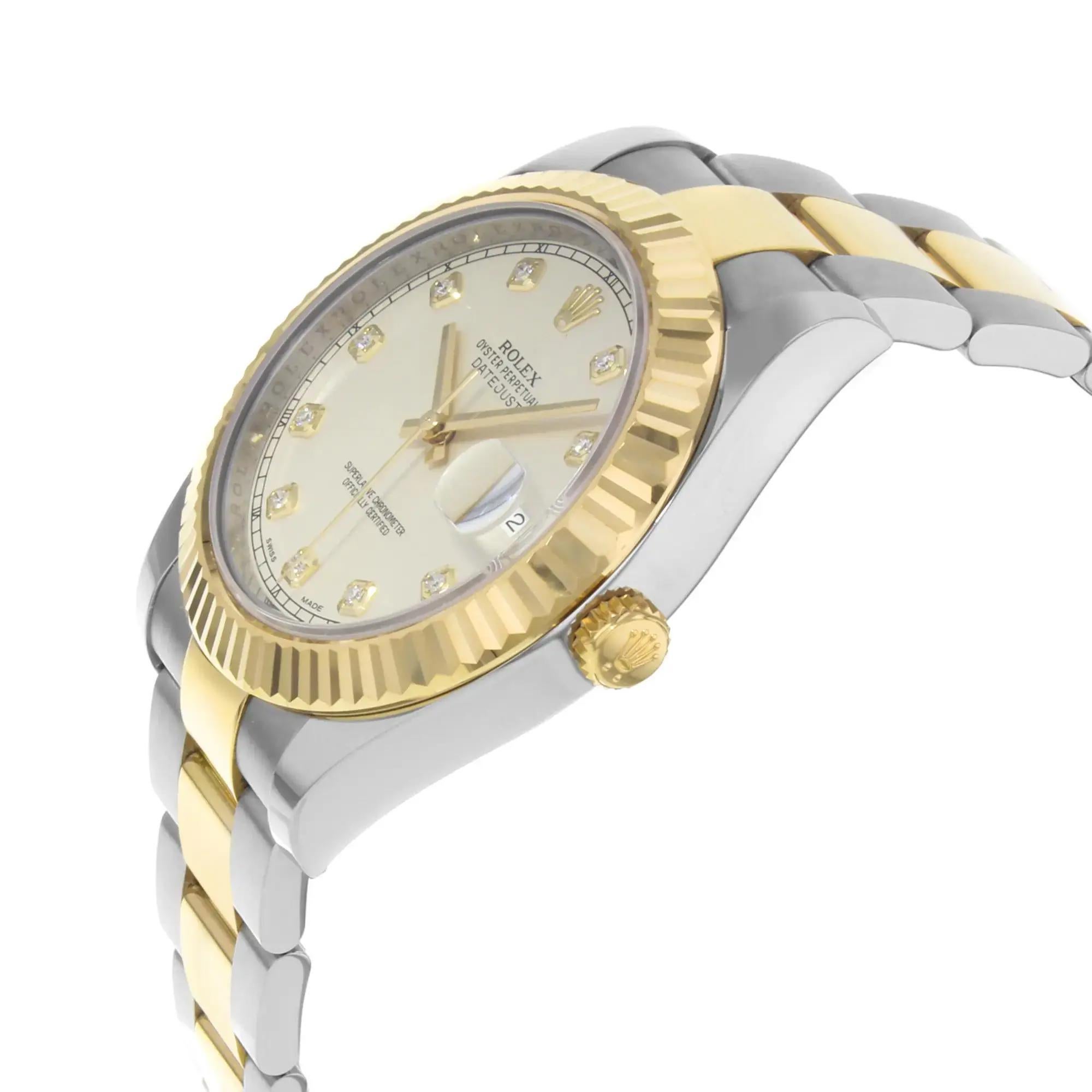 Rolex Datejust II 18K Yellow Gold Steel Cream Diamond Dial Mens Watch 116333 In Good Condition For Sale In New York, NY