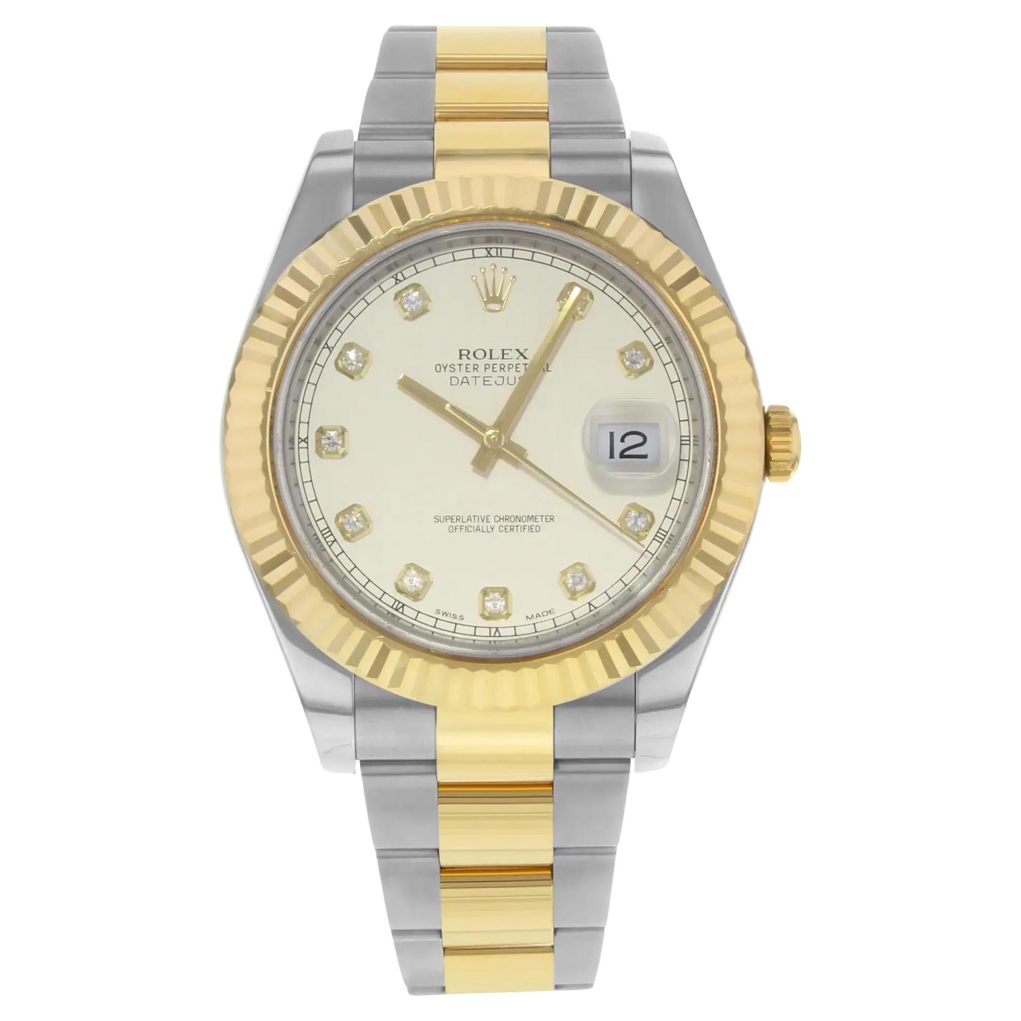 Rolex Datejust II 18K Gelbgold Stahl Cremefarbene Diamant-Zifferblatt Herrenuhr 116333