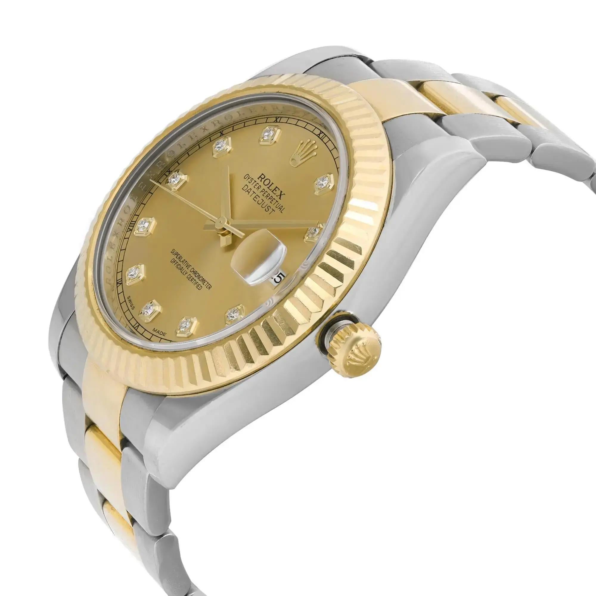 Rolex Datejust II 18K Yellow Steel Steel Diamond Champagne Dial Men Watch 116333 In Good Condition For Sale In New York, NY