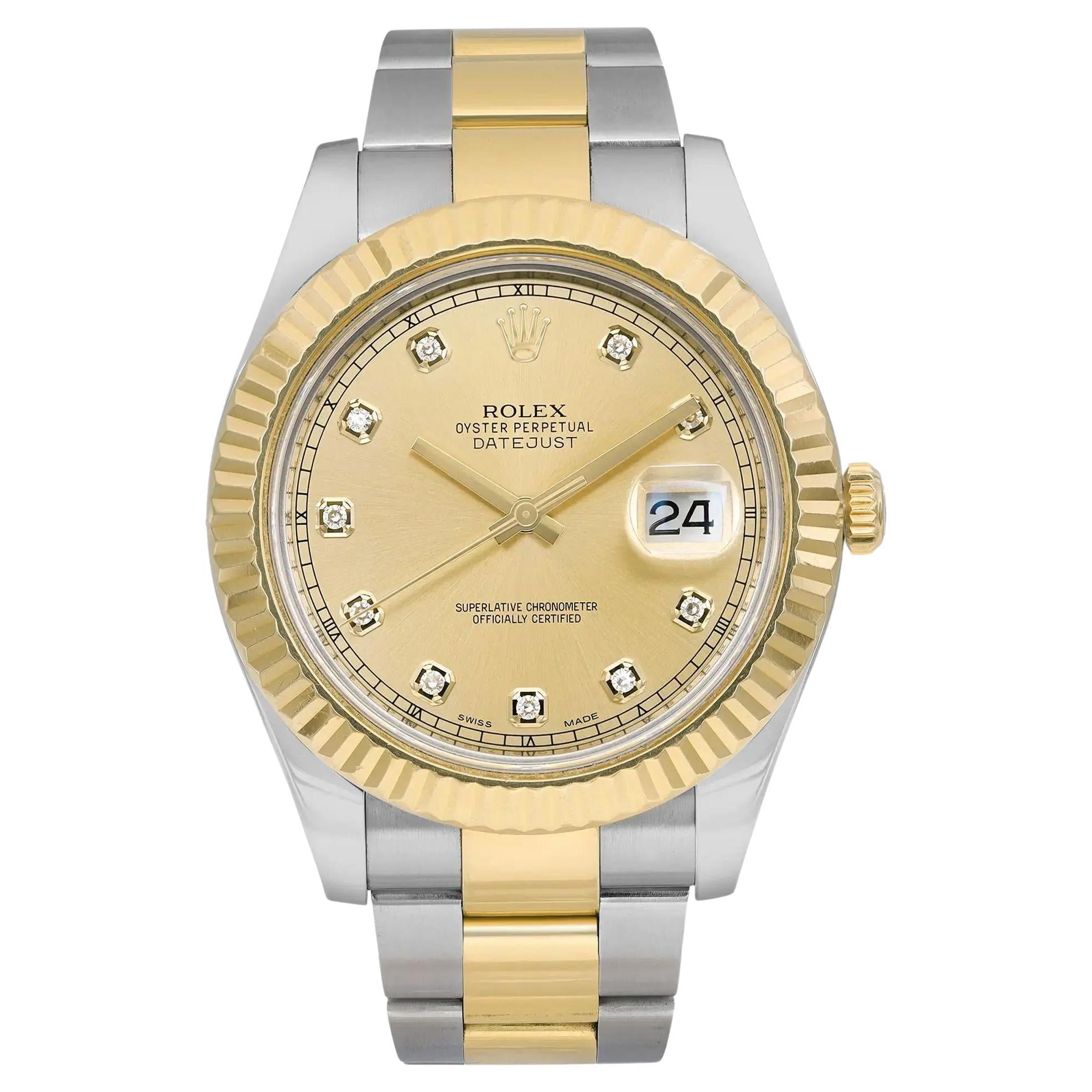 Rolex Datejust II 18k Yellow Steel Steel Diamond Champagne Dial Men Watch 116333 For Sale