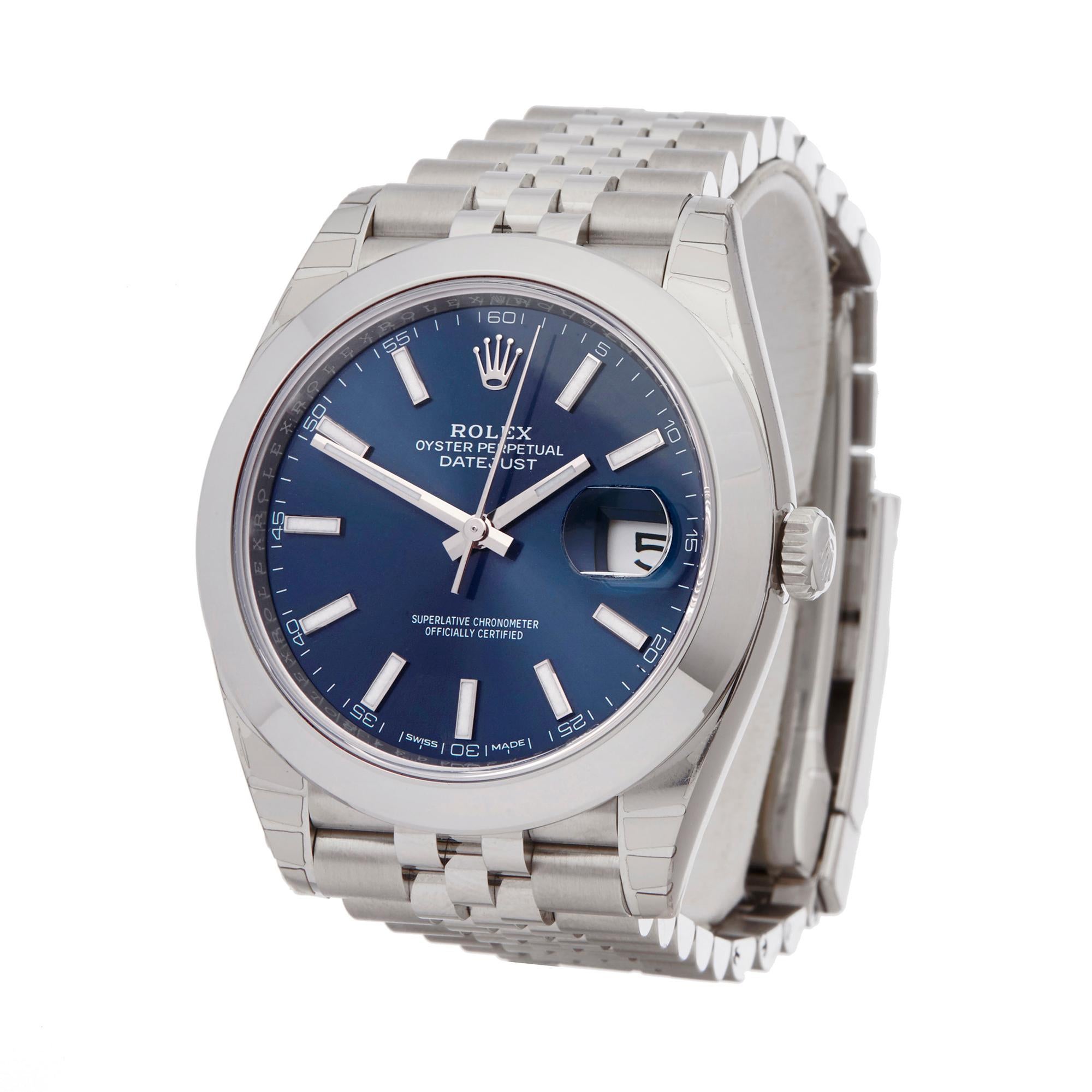 Ref: COM2242
Manufacturer: Rolex
Model: Datejust II
Model Ref: 126300
Age: 9th November 2017
Gender: Mens
Complete With: Box, Manuals, Guarantee, Bezel Guard & Swing Tags 
Dial: Blue Baton
Glass: Sapphire Crystal
Movement: Automatic
Water