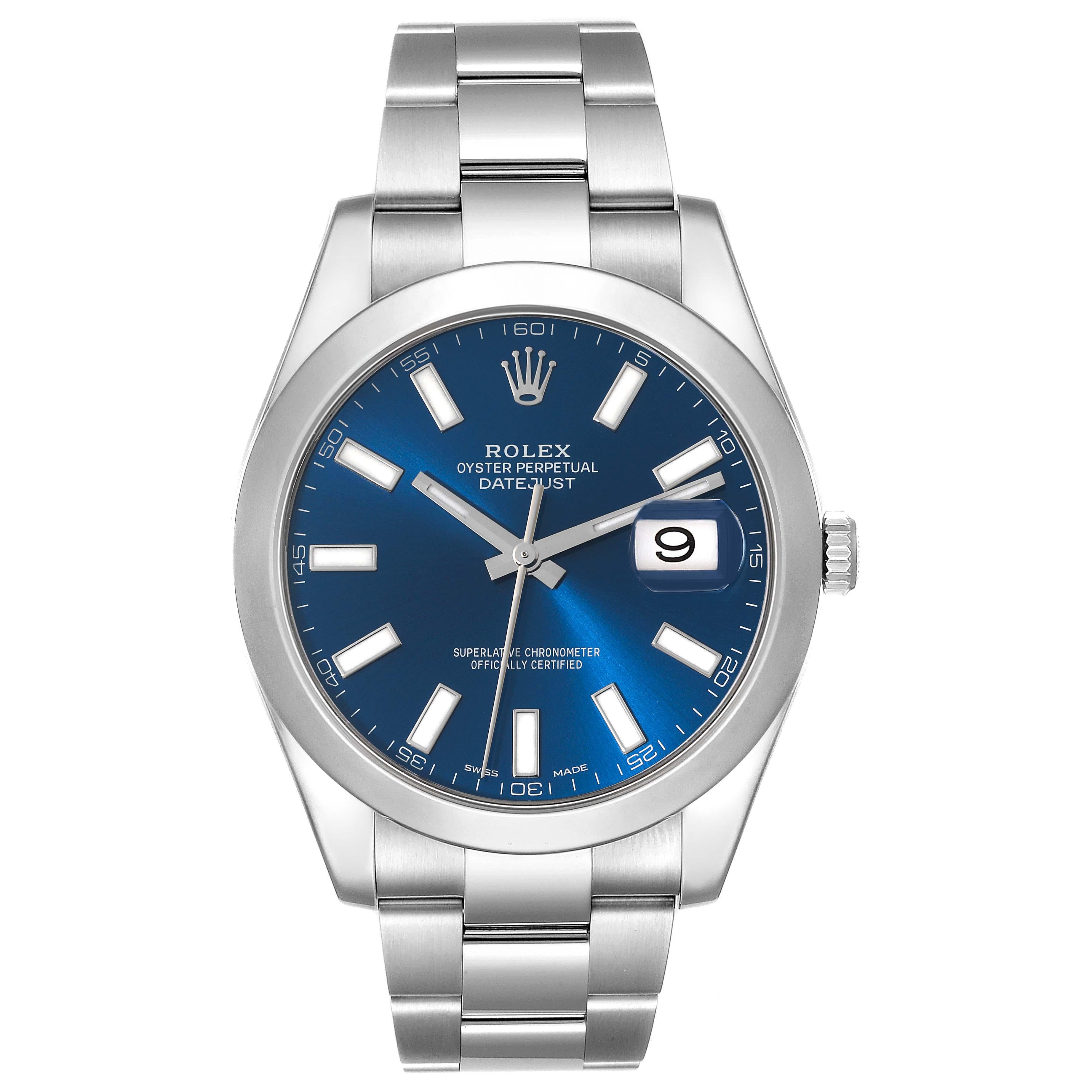 Rolex Datejust II 41 Blue Baton Dial Oyster Bracelet Steel Mens Watch 116300. Mouvement automatique à remontage automatique, officiellement certifié chronomètre. Boîtier en acier inoxydable de 41 mm de diamètre. Logo Rolex sur la couronne. Lunette