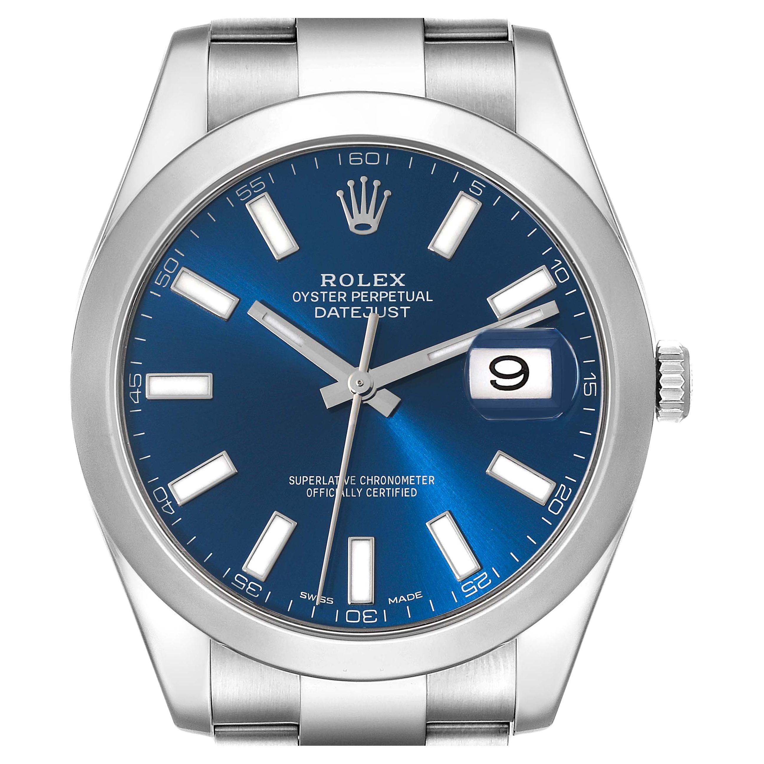 Rolex Datejust II 41 Blue Baton Dial Oyster Bracelet Steel Mens Watch 116300 en vente