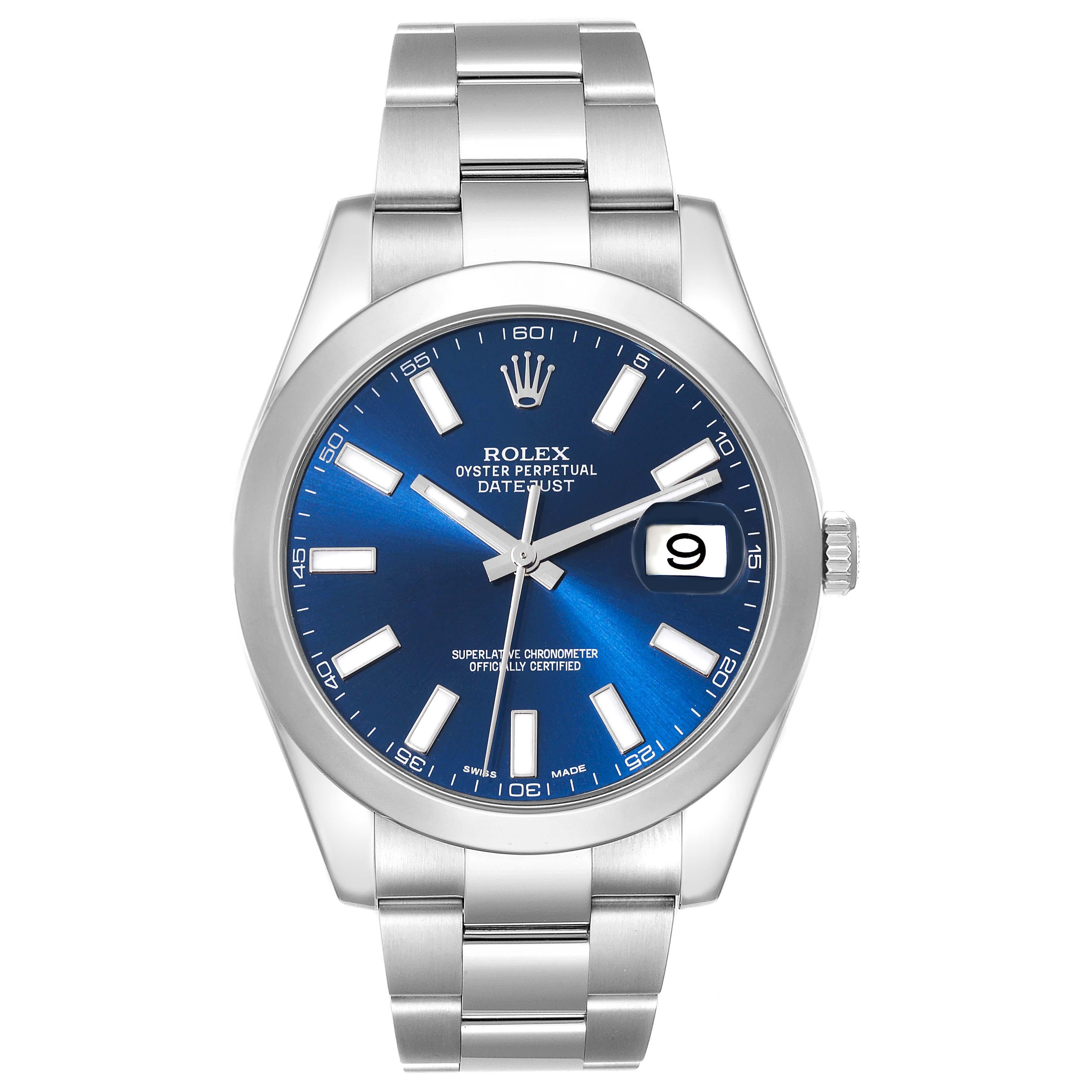 Rolex Datejust II 41 Blue Dial Oyster Bracelet Steel Mens Watch 116300. Officially certified chronometer automatic self-winding movement. Stainless steel case 41 mm in diameter. Rolex logo on the crown. Stainless steel smooth bezel. Scratch