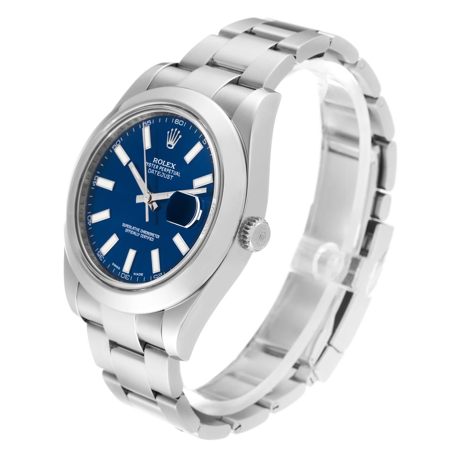 Rolex Datejust II 41 Blue Dial Steel Mens Watch 116300. Officially certified chronometer automatic self-winding movement. Stainless steel case 41 mm in diameter. Rolex logo on the crown. Stainless steel smooth bezel. Scratch resistant sapphire
