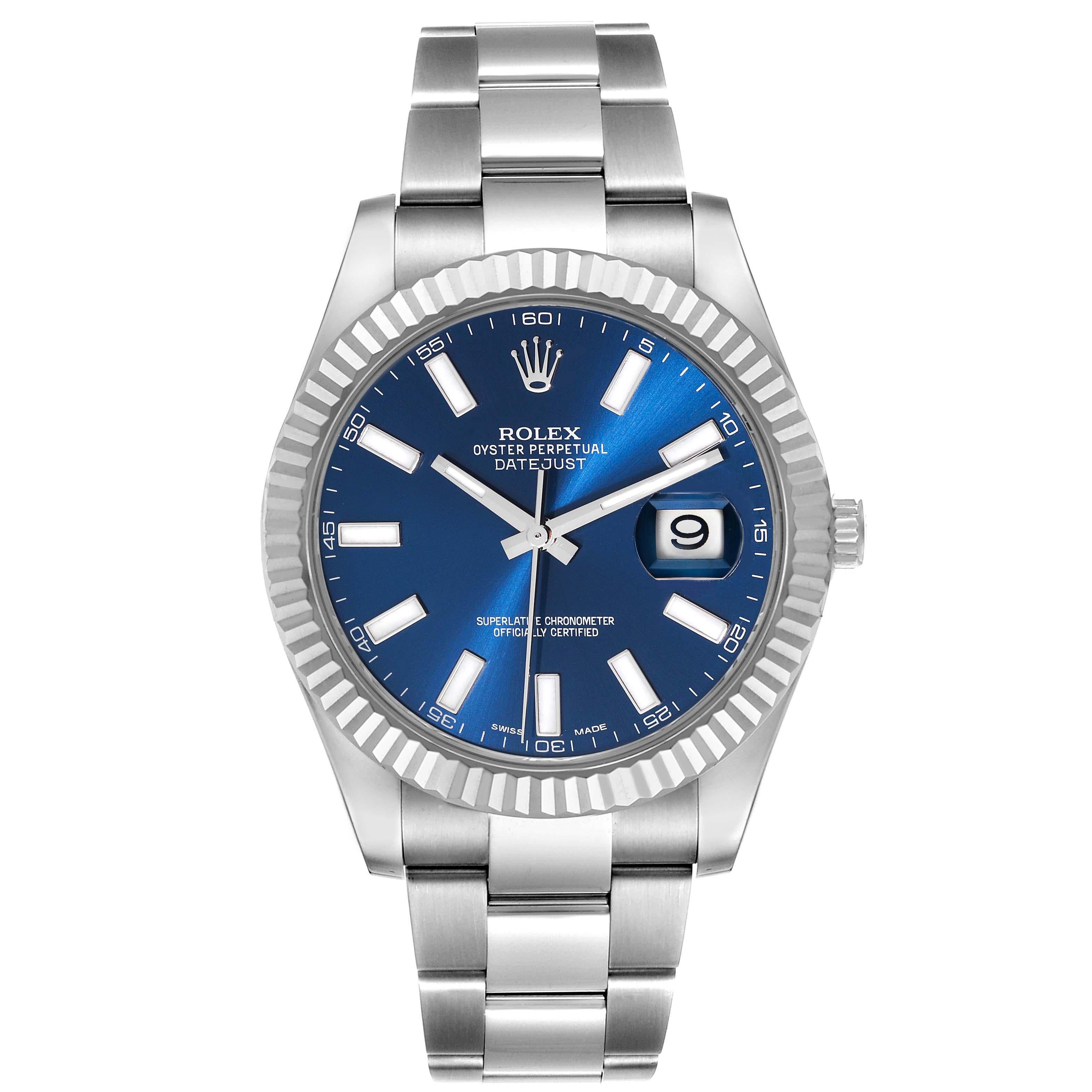 Rolex Datejust II 41 Blue Dial Steel White Gold Mens Watch 116334. Officially certified chronometer automatic self-winding movement. Stainless steel case 41 mm in diameter. Rolex logo on a crown. 18k white gold fluted bezel. Scratch resistant