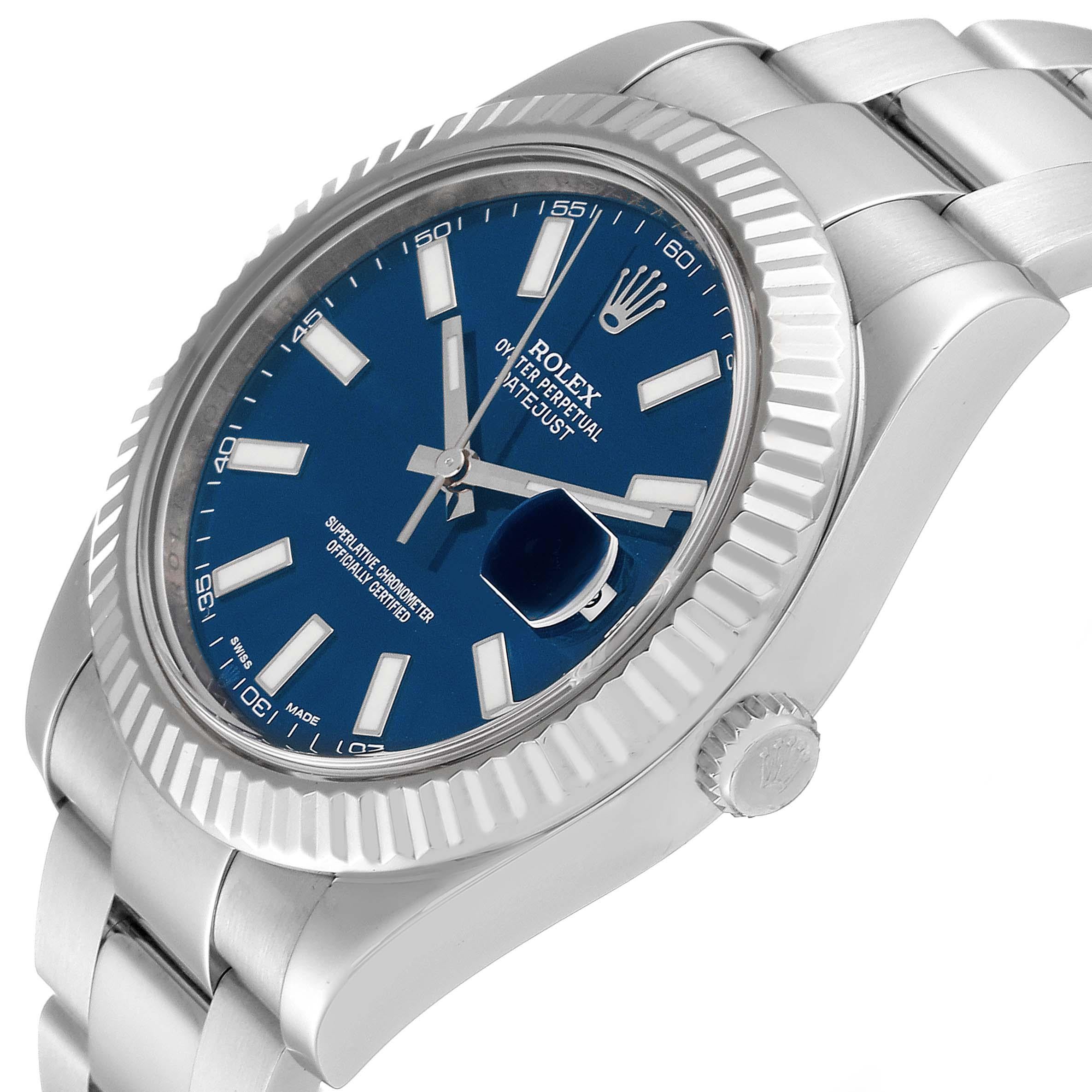 Rolex Datejust II 41 Blue Dial Steel White Gold Mens Watch 116334. Officially certified chronometer automatic self-winding movement. Stainless steel case 41 mm in diameter. Rolex logo on a crown. 18k white gold fluted bezel. Scratch resistant