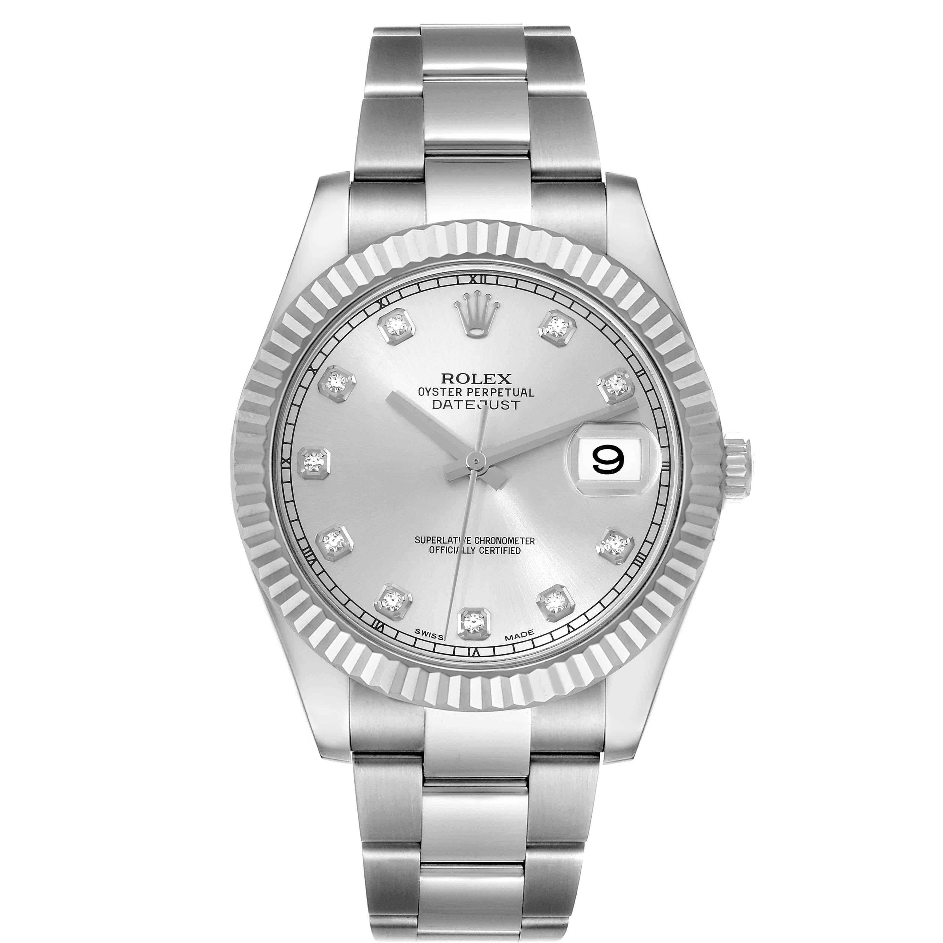 Rolex Datejust II 41 Diamond Dial Steel White Gold Mens Watch 116334 Box Card. Officially certified chronometer automatic self-winding movement. Stainless steel case 41 mm in diameter. Rolex logo on a crown. 18k white gold fluted bezel. Scratch