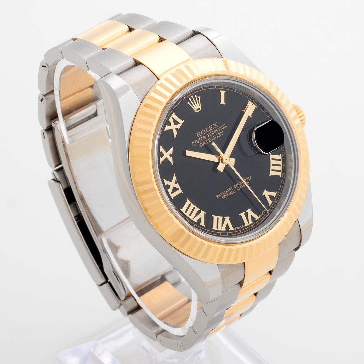 Our Rolex Datejust II / 41 features a rare and desirable black dial with gold Roman Numerals and is discontinued, a part of the original 'wimbledon' range from 2014. Eminently collectible and usable as an everyday statement watch, this reference