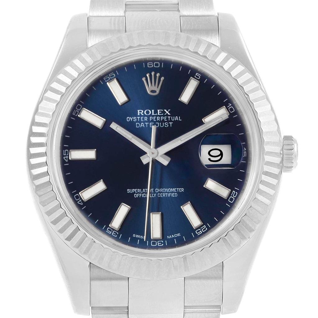 Rolex Datejust II 41 Steel 18K White Gold Fluted Bezel Mens Watch 116334. Officially certified chronometer automatic self-winding movement. Stainless steel case 41 mm in diameter. High polished lugs. Rolex logo on a crown. 18k white gold fluted