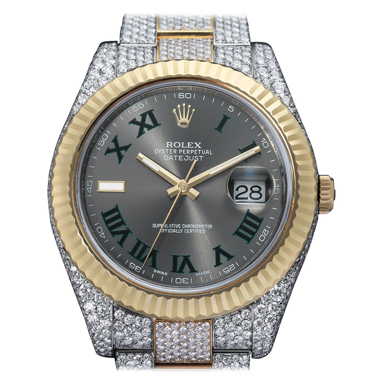 Rolex Montre Datejust II bicolore jaune avec lunette cannelée d'origine et diamants, Taille 41