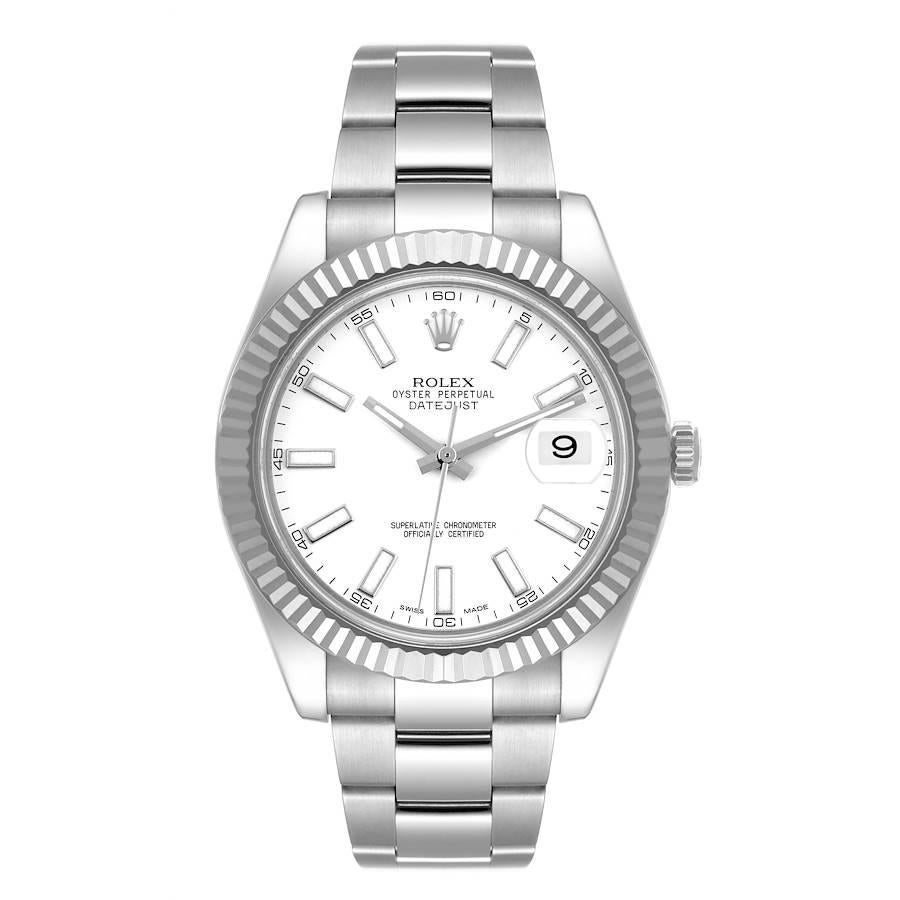 Rolex Datejust II 41 White Gold Steel Mens Watch 116334 Box Card. Officially certified chronometer self-winding movement. Stainless steel case 41 mm in diameter. Rolex logo on a crown. 18K white gold fluted bezel. Scratch resistant sapphire crystal