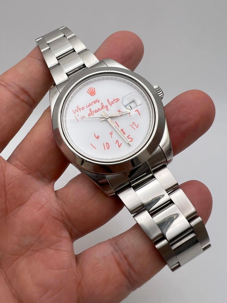 Rolex Datejust II 41mm 116300 Custom Who Cares I'm Already Late White Red  Dial