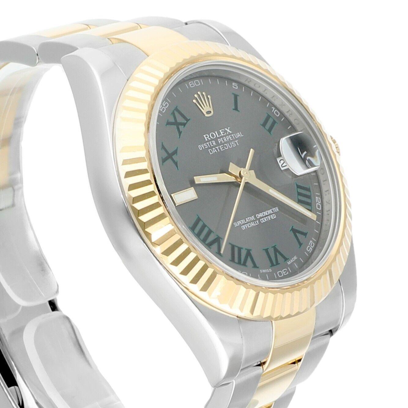 Rolex Datejust II 41mm 116333 Wimbledon Dial Two Tone Oyster With Papers In Excellent Condition For Sale In New York, NY