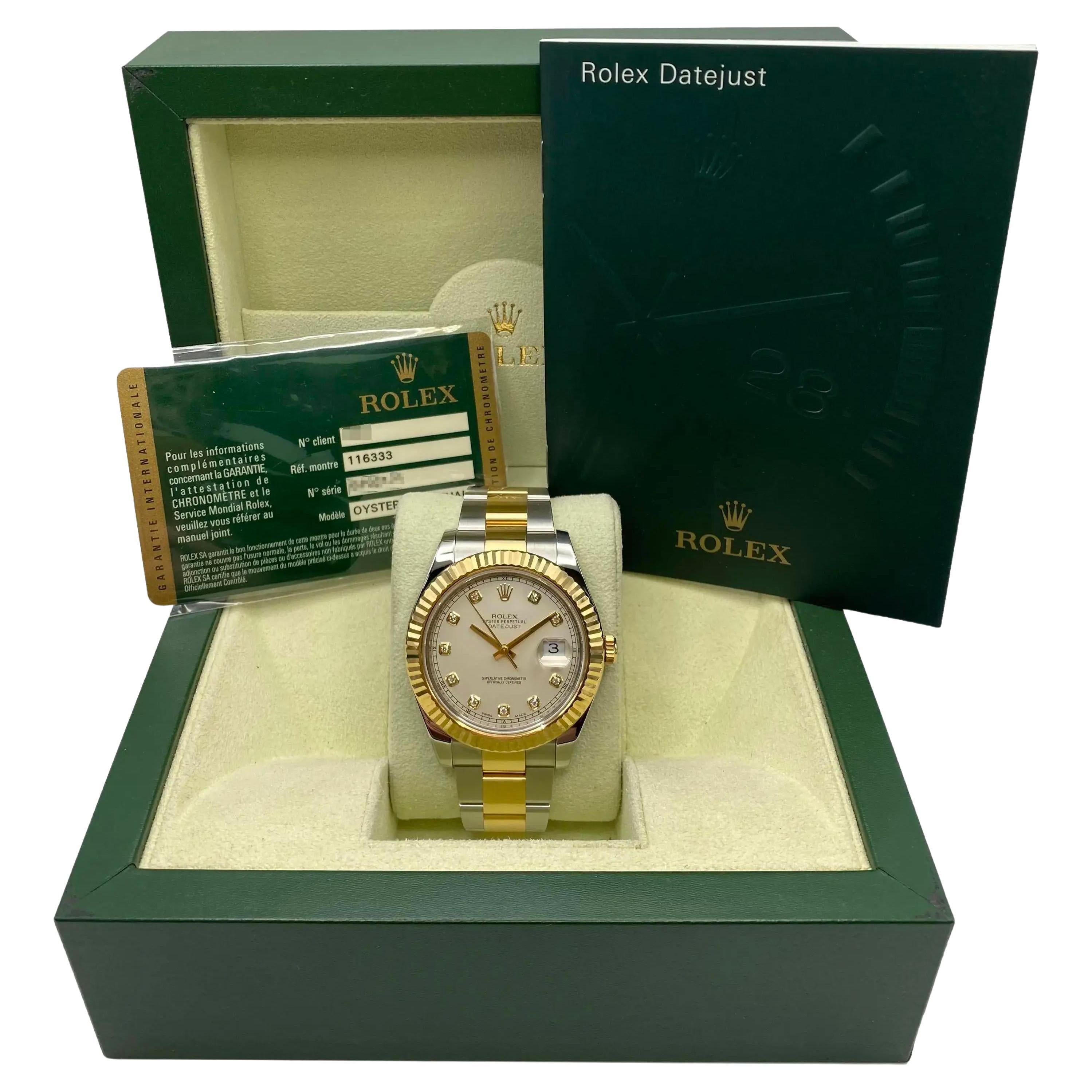 Rolex Datejust II 41MM 116333 Yellow Gold Steel Cream Diamond Dial Watch B&P