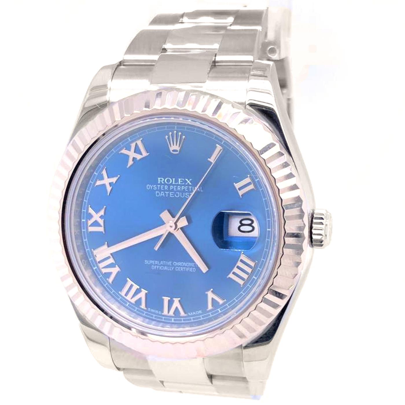 Rolex Datejust 41 Steel White Gold Blue Dial Men's Watch 116334 Box Card. Officially certified chronometer automatic self-winding movement. Stainless steel case 41 mm in diameter. Rolex logo on a crown. 18K white gold fluted bezel. Scratch-resistant