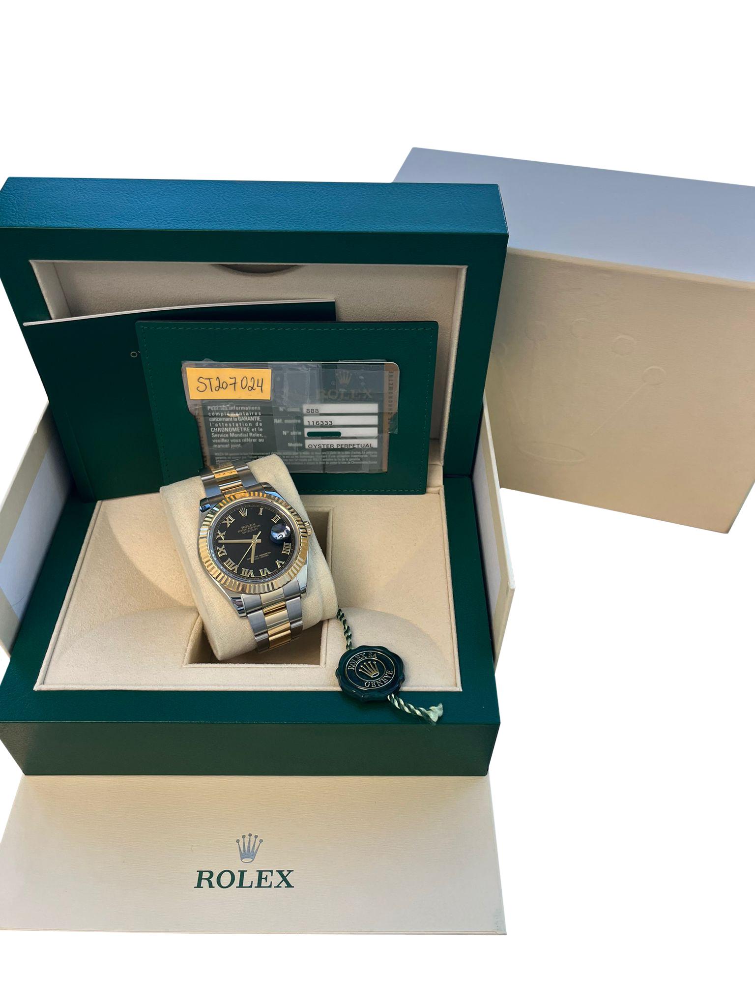 Rolex Datejust II Acero Oro Amarillo Esfera Negra Romana Reloj Caballero 116333. Movimiento automático con certificado oficial de cronómetro. Caja Oyster de acero inoxidable y oro amarillo de 18 quilates de 41,0 mm de diámetro. Logotipo Rolex en la