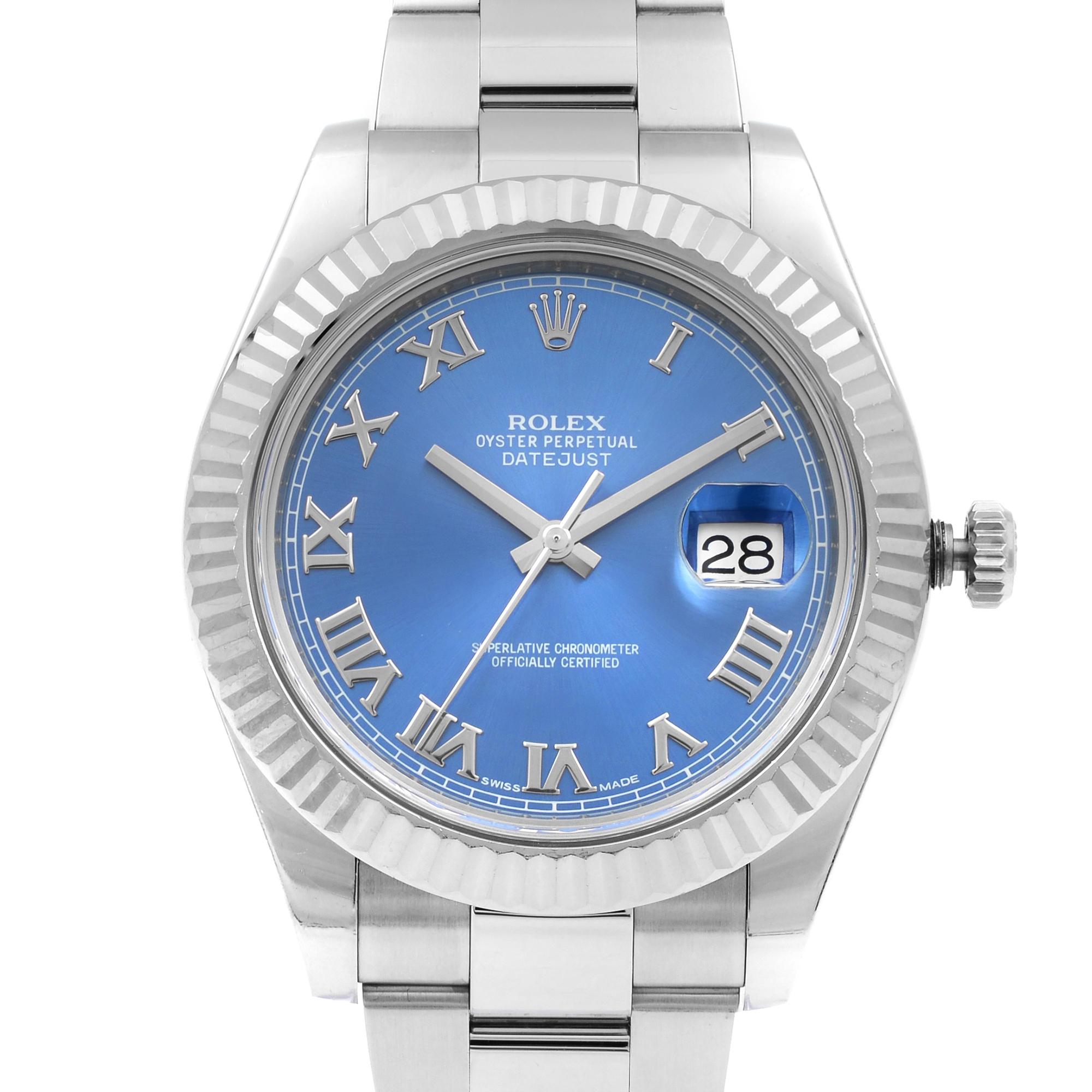 This pre-owned Rolex Datejust II 116334  is a beautiful men's timepiece that is powered by mechanical (automatic) movement which is cased in a stainless steel case. It has a round shape face, date indicator dial and has hand roman numerals style