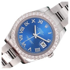 Used Rolex Datejust II 41mm 3.8ct Diamond Bezel/Blue Roman Watch 116300 Box Papers
