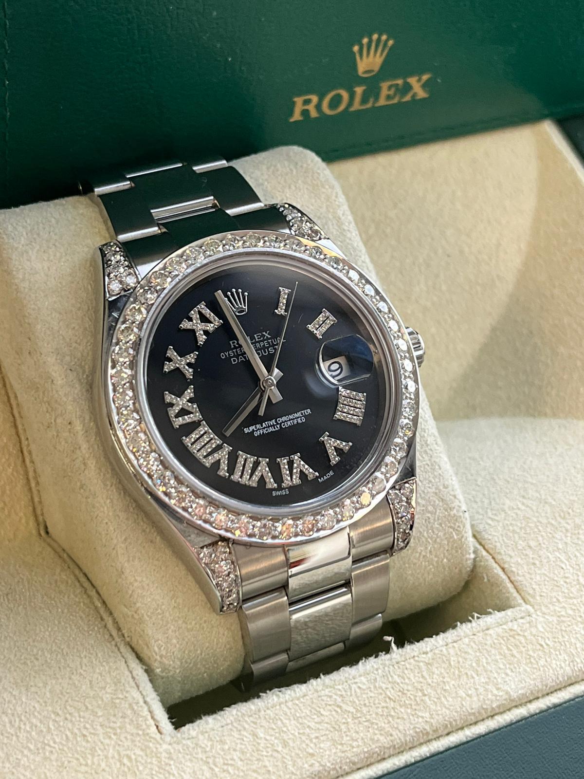 Rolex Datejust II 41mm 4.8ct Diamond Roman Dial Bezel Oyster Steel Watch 116300 en vente 5
