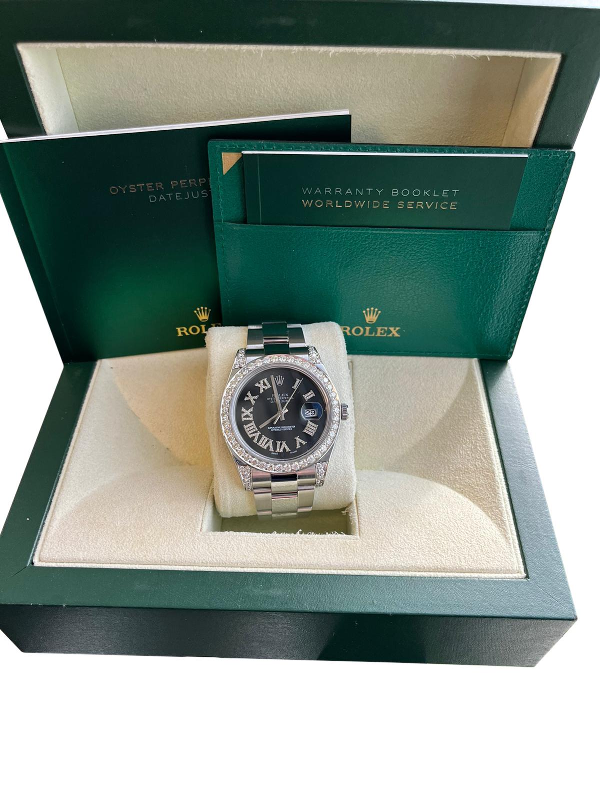 Taille ronde Rolex Datejust II 41mm 4.8ct Diamond Roman Dial Bezel Oyster Steel Watch 116300 en vente