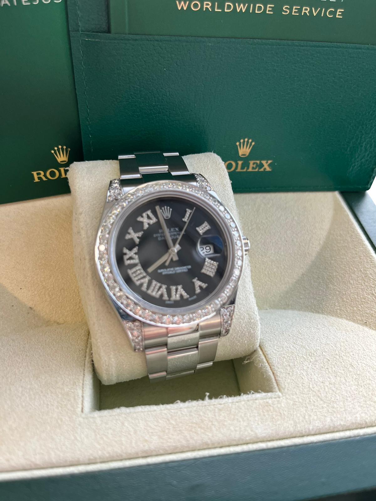 Rolex Datejust II 41mm 4.8ct Diamond Roman Dial Bezel Oyster Steel Watch 116300 For Sale 2