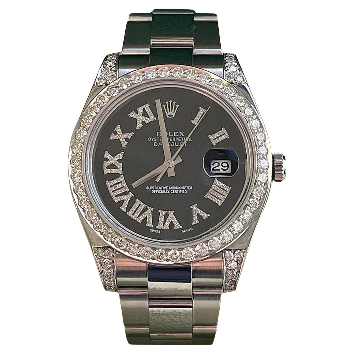 Rolex Datejust II 41mm 4.8ct Diamond Roman Dial Bezel Oyster Steel Watch 116300 For Sale