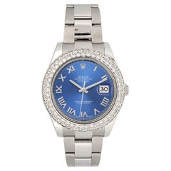 Used Rolex Datejust II 41mm 6.25ct Diamond Bezel/Blue Roman Watch 116300 Box Papers