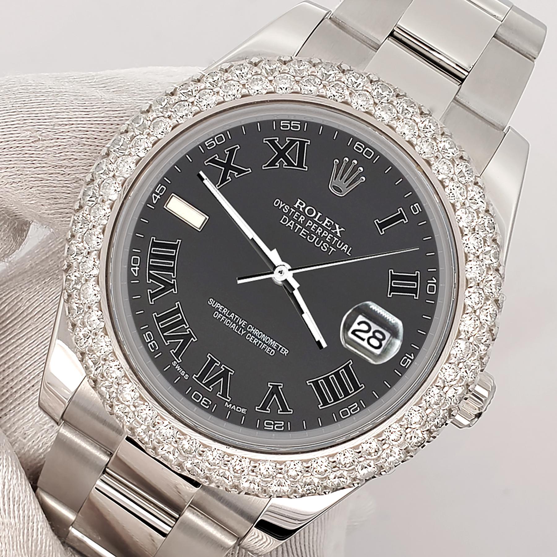 Rolex Datejust II 41mm Stainless Steel Watch, Ref #116300. Custom 6.25ct dome diamond bezel (diamonds are not set by Rolex). 

Excellent, pristine condition, works flawlessly, comes with Rolex box, Rolex papers, certificate of appraisal,