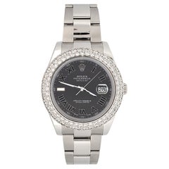 Used Rolex Datejust II 41mm 6.25ct Diamond Bezel/Rhodium Gray Watch 116300 Box Papers