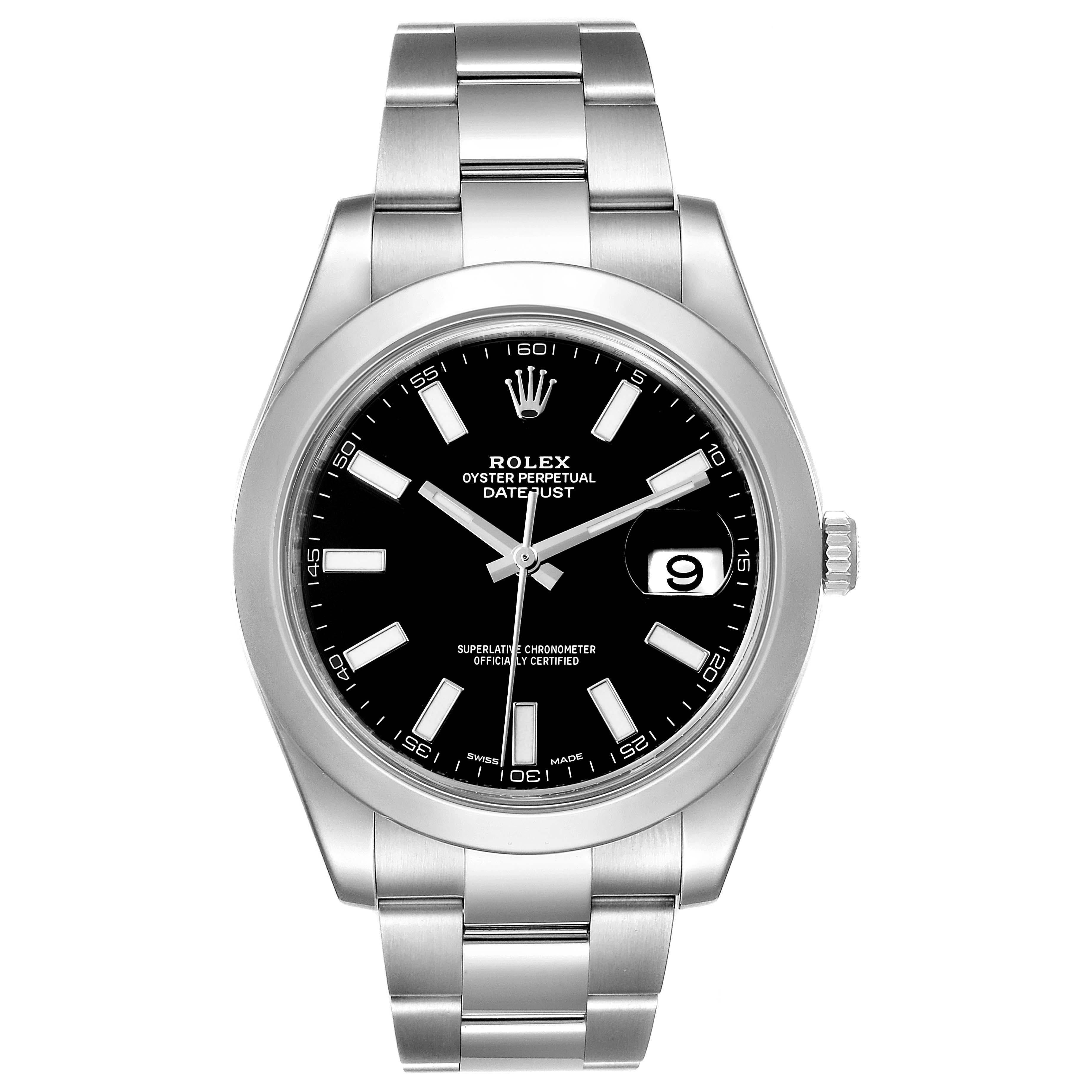 Rolex Datejust II 41mm Black Dial Steel Mens Watch 116300 Box Papers. Officially certified chronometer self-winding movement. Stainless steel case 41 mm in diameter. Rolex logo on a crown. Stainless steel smooth bezel. Scratch resistant sapphire