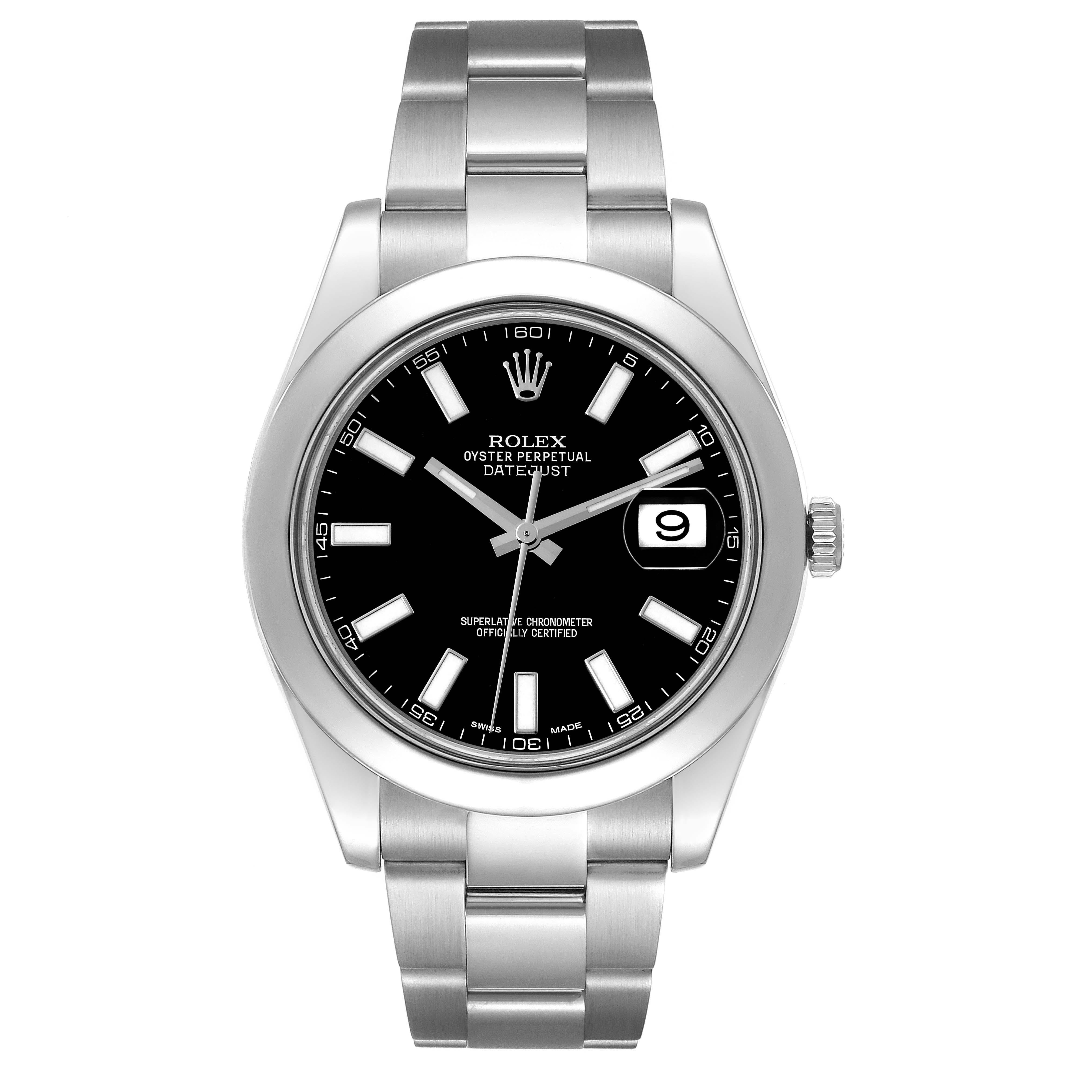 Rolex Datejust II 41mm Black Dial Steel Mens Watch 116300. Officially certified chronometer automatic self-winding movement. Stainless steel case 41 mm in diameter. Rolex logo on a crown. Stainless steel smooth bezel. Scratch resistant sapphire