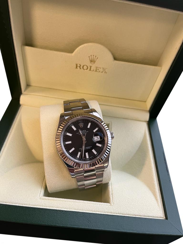 Montre Hommes Rolex Datejust II Cadran index noir en acier inoxydable 116334 en vente 11