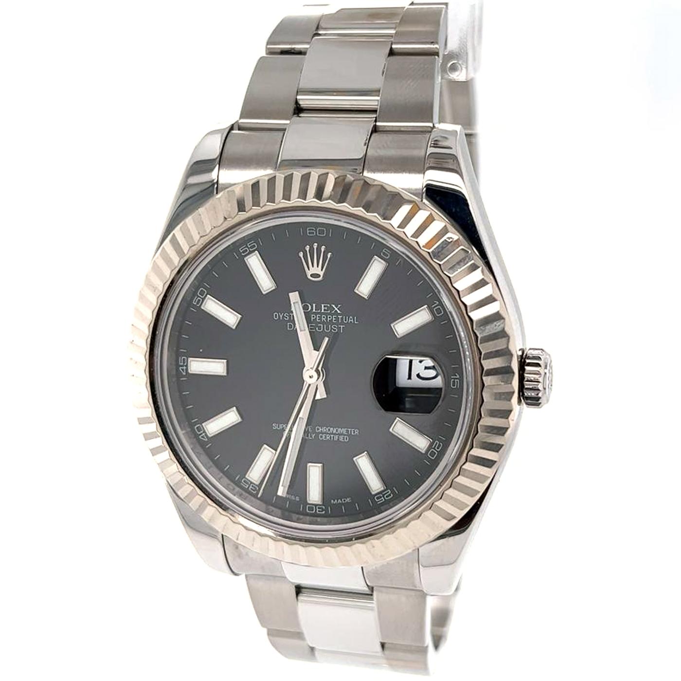 Rolex Datejust II Black Index Dial Fluted 18k White Gold Bezel has Stainless steel case with a stainless steel bracelet. Fluted 18k white gold bezel. Black dial with luminous silver-tone hands and stick hour markers, minute markers around the outer