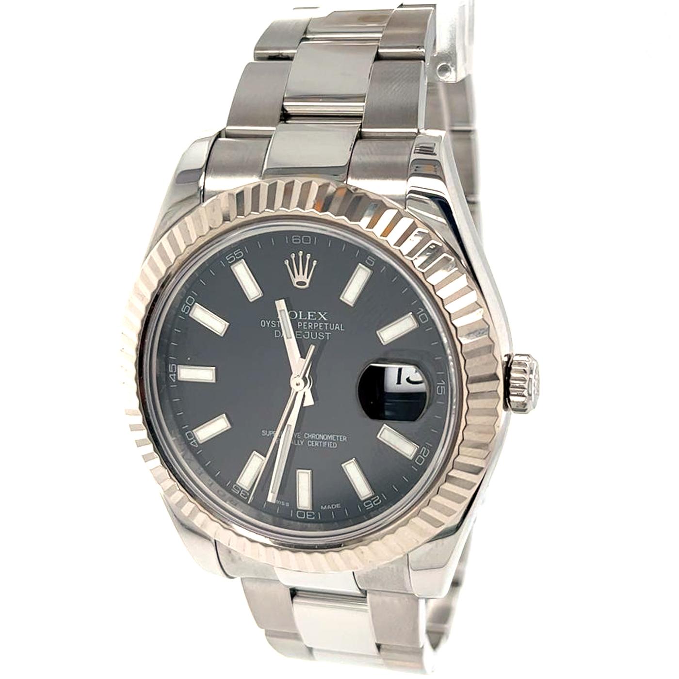 Rolex Datejust II Edelstahl-Herrenuhr 116334 mit schwarzem Index-Zifferblatt im Zustand „Gut“ im Angebot in Aventura, FL