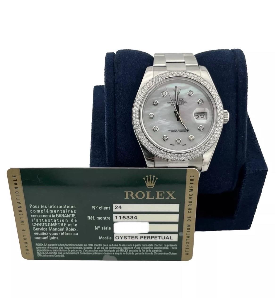 Refined, radiant, and undeniably Rolex—the Datejust II 116334 is a stunning blend of elegance and modern presence. Crafted in stainless steel with a commanding 41mm case, this standout timepiece features a breathtaking white Mother of Pearl dial,