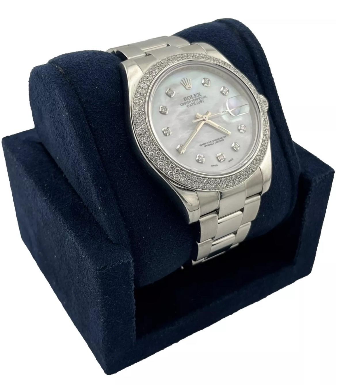Round Cut Rolex Datejust II 41mm Diamond Bezel & Dial White Mother Of Pearl Watch 116334 For Sale