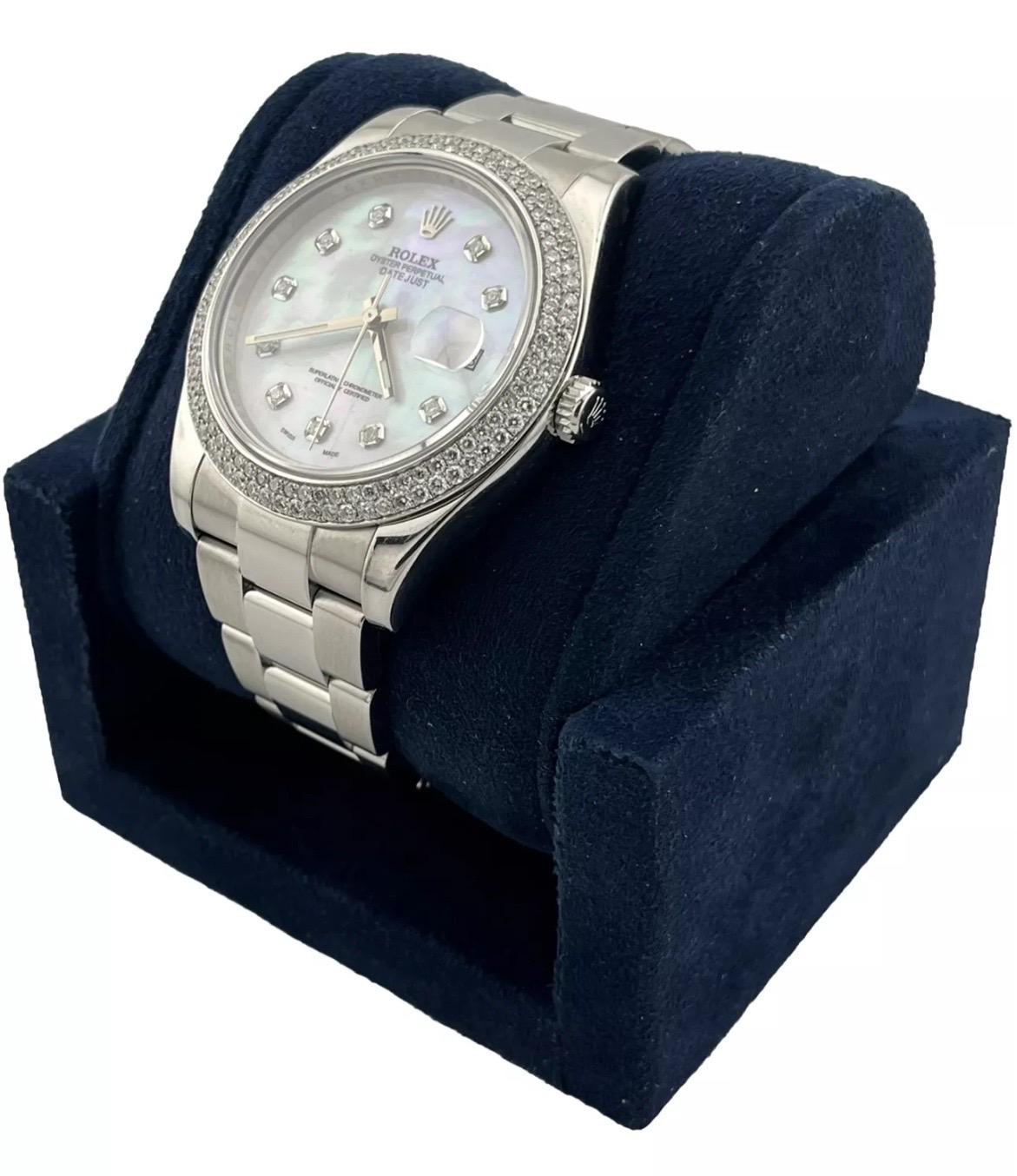 Rolex Datejust II 41mm Diamond Bezel & Dial White Mother Of Pearl Watch 116334 In Good Condition For Sale In Boca Raton, FL