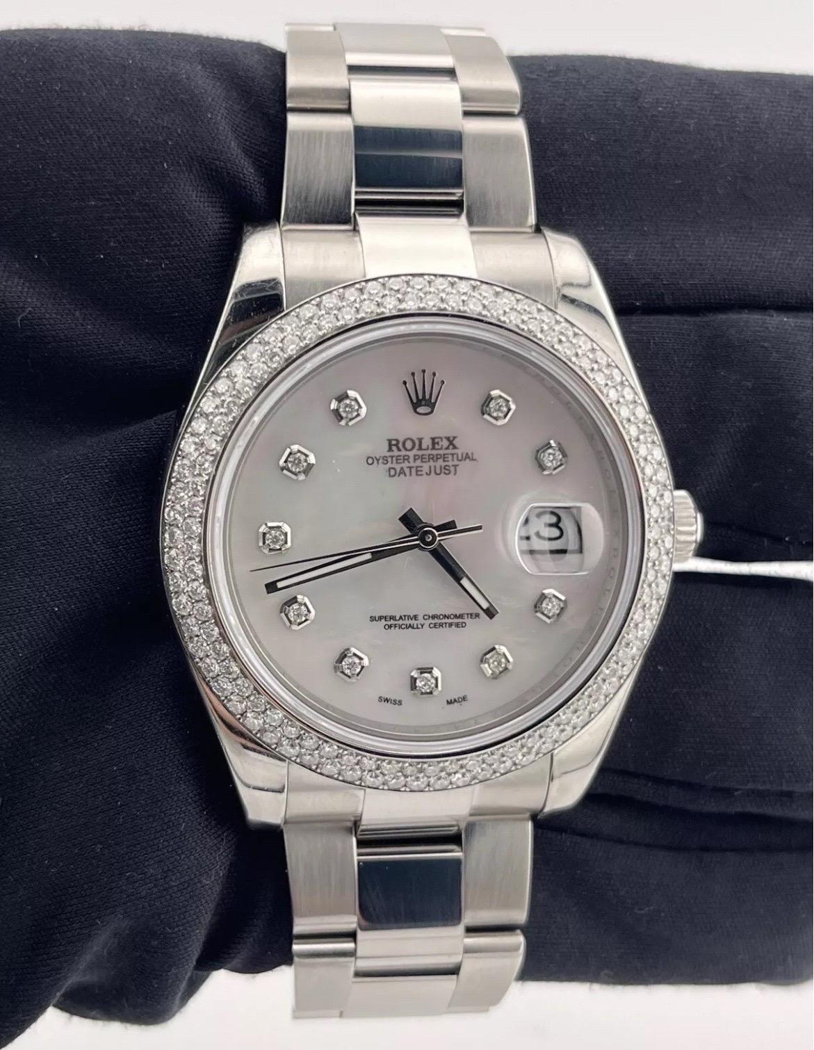 Rolex Datejust II 41mm Diamond Bezel & Dial White Mother Of Pearl Watch 116334 For Sale 1
