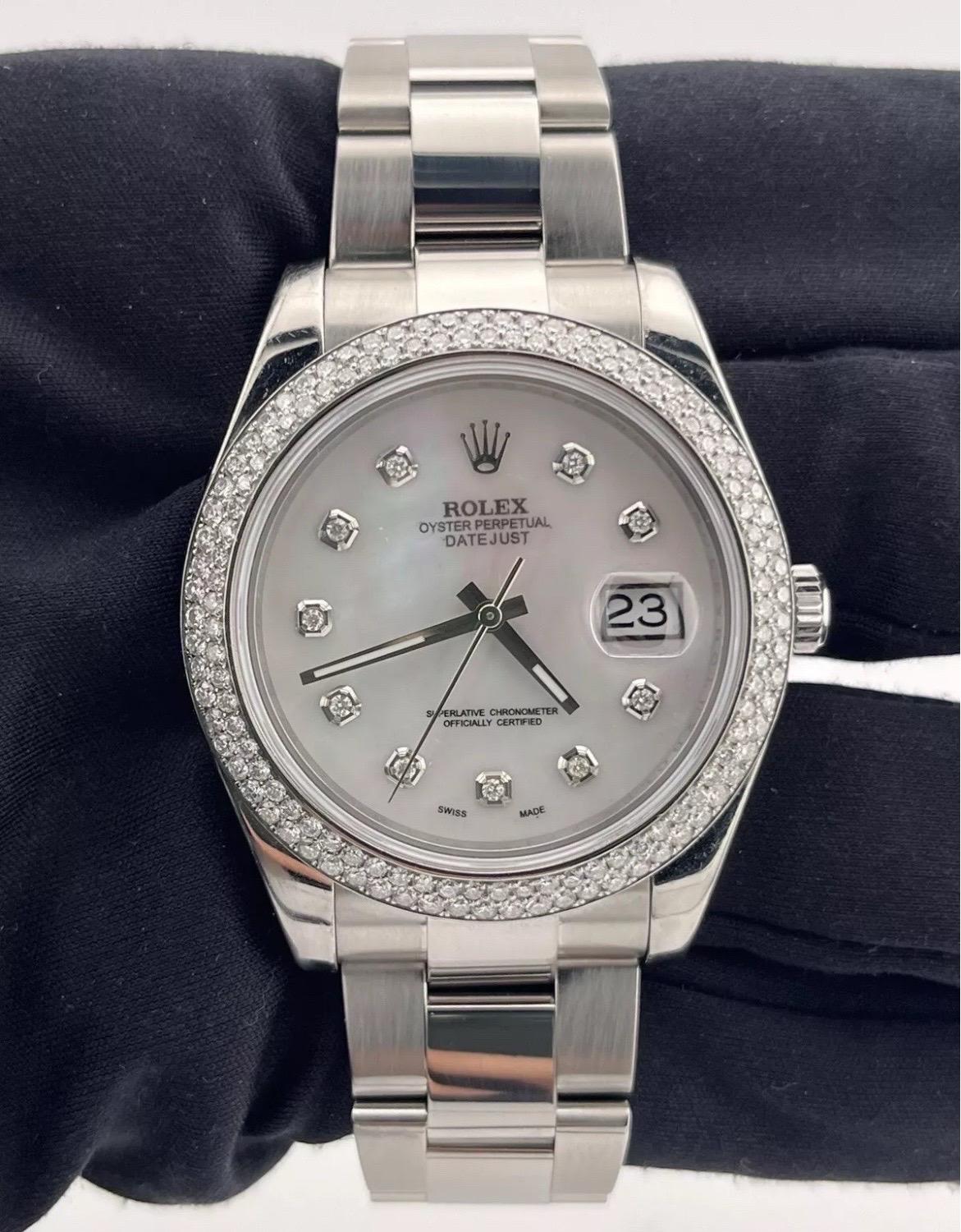 Rolex Datejust II 41mm Diamond Bezel & Dial White Mother Of Pearl Watch 116334 For Sale 2