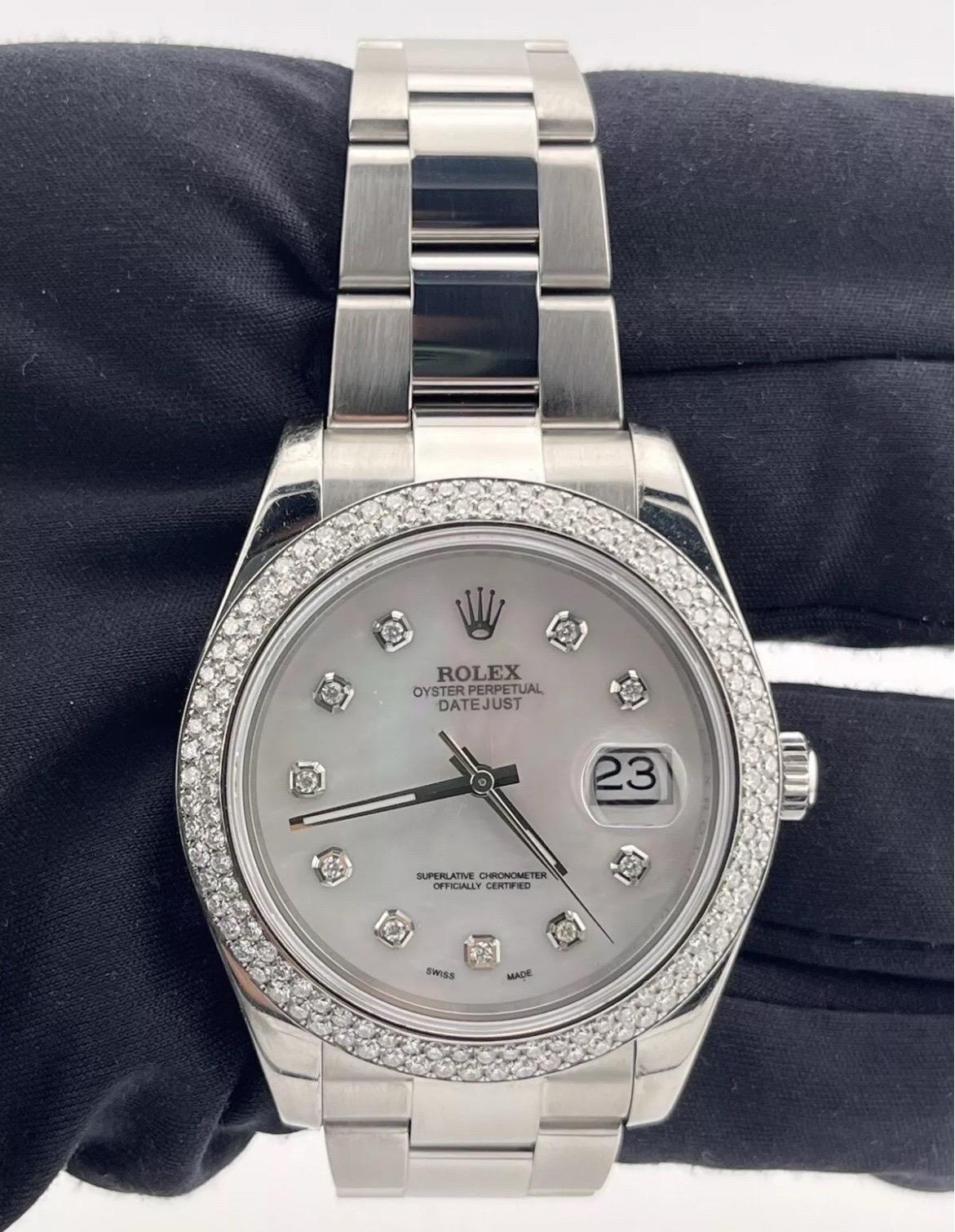 Rolex Datejust II 41mm Diamond Bezel & Dial White Mother Of Pearl Watch 116334 For Sale 4