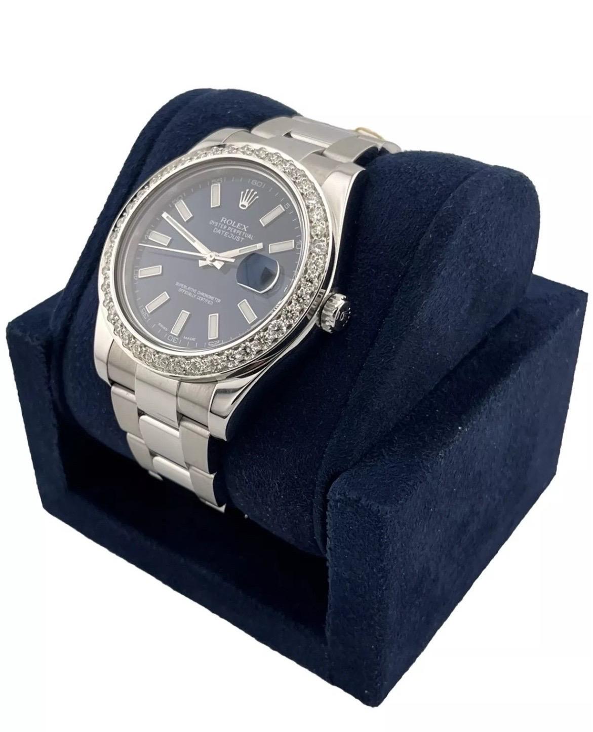 Round Cut Rolex Datejust II 41MM Factory Blue Dial Watch w/ 2.50ct Diamond Bezel 116300