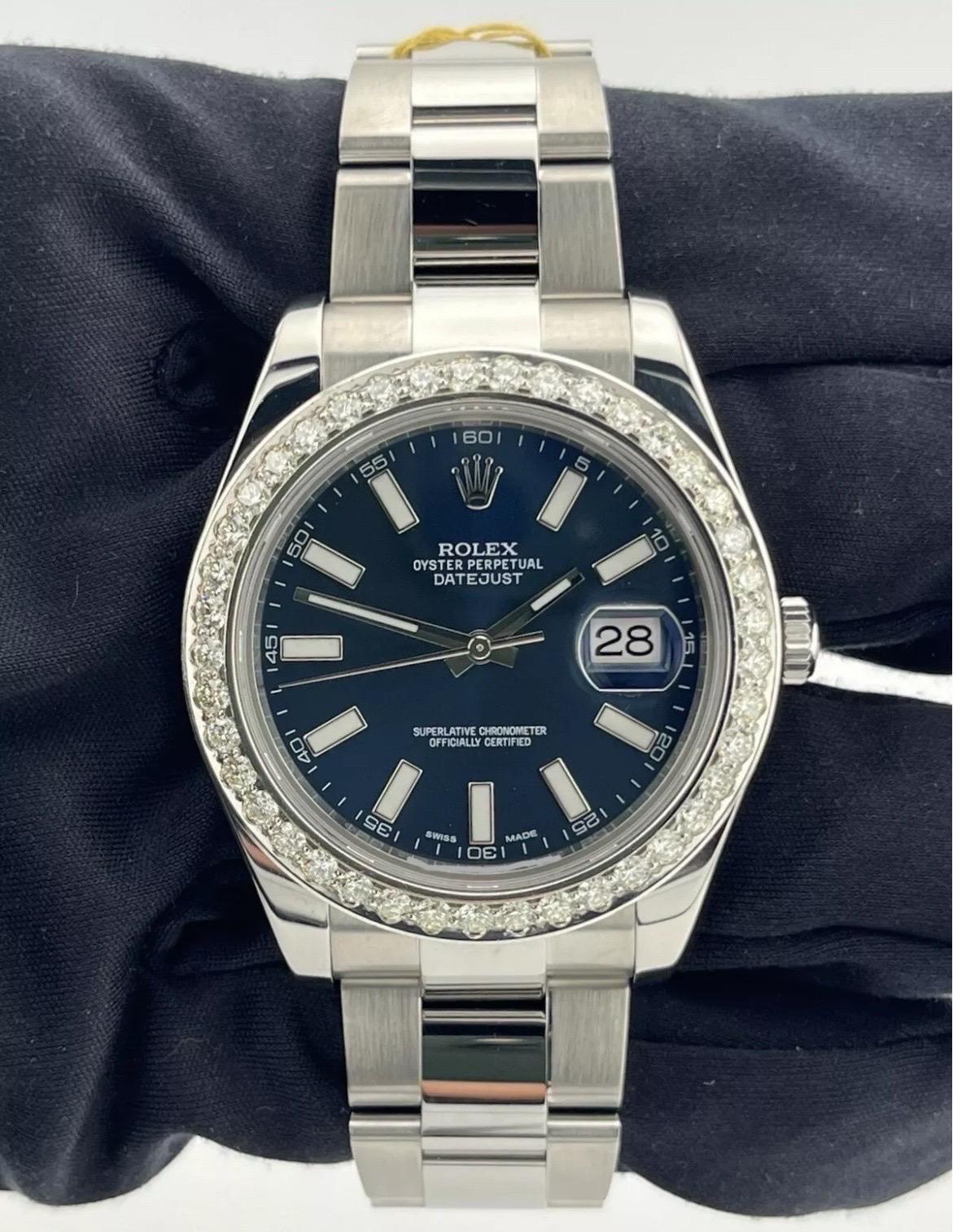 Women's or Men's Rolex Datejust II 41MM Factory Blue Dial Watch w/ 2.50ct Diamond Bezel 116300